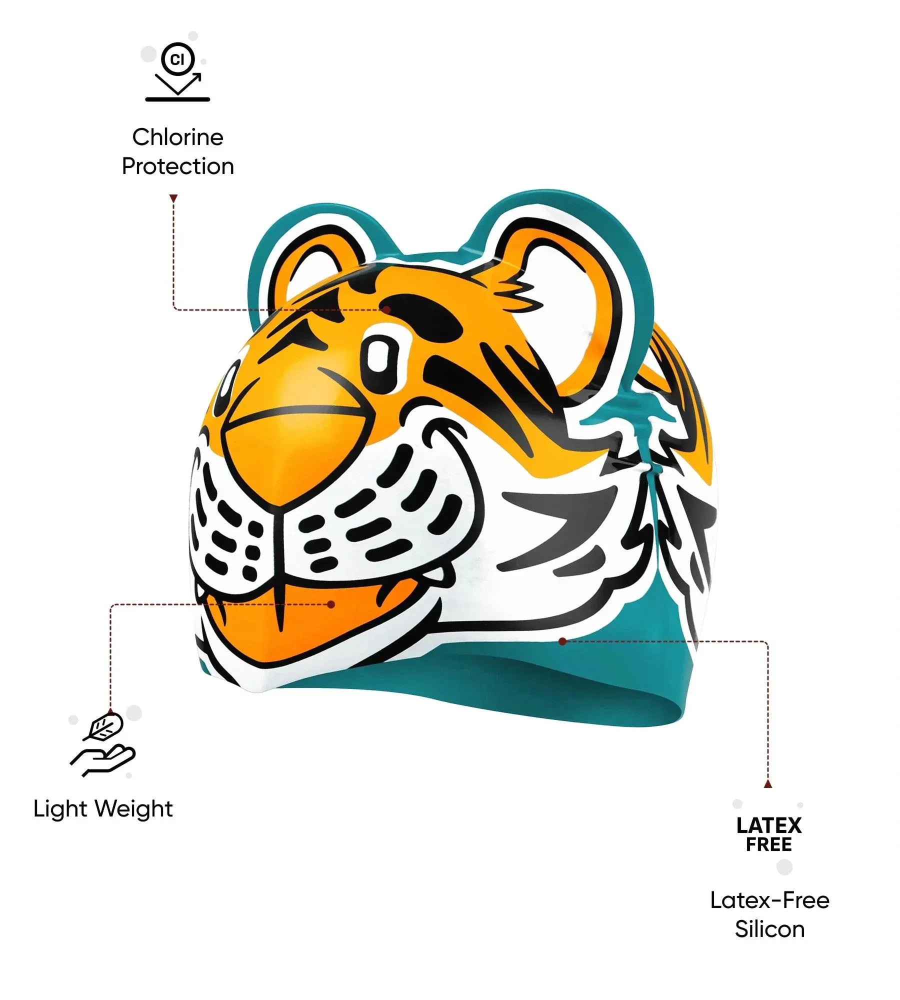 Unisex Kids Tiger Print Swim Cap For Tots - Boys and Girls - Orange & Green - Image 4