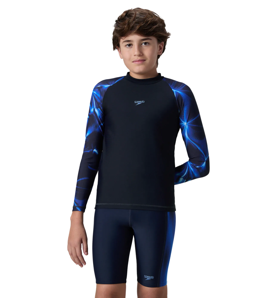 Boy's Endurance10 Printed Long Sleeve Suntop - True Navy & Periwinkle Blue