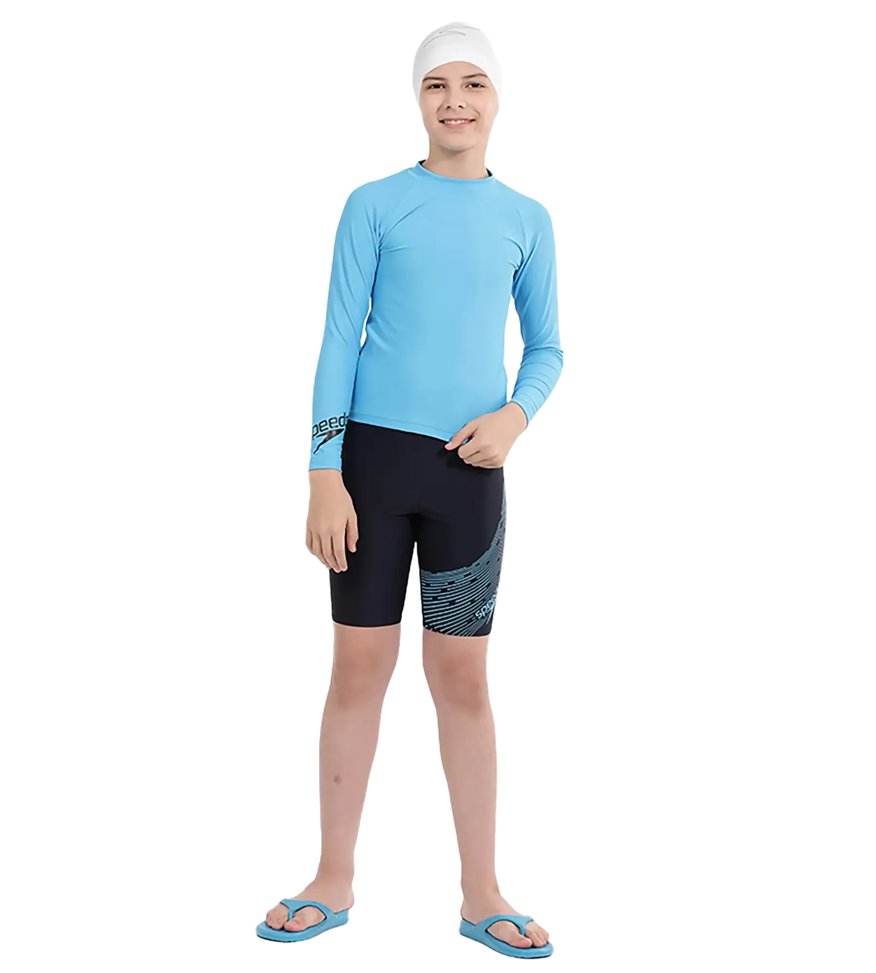 Boy's Recycled Endura Brite Long Sleeve Suntop - Picton Blue & Black - Image 10