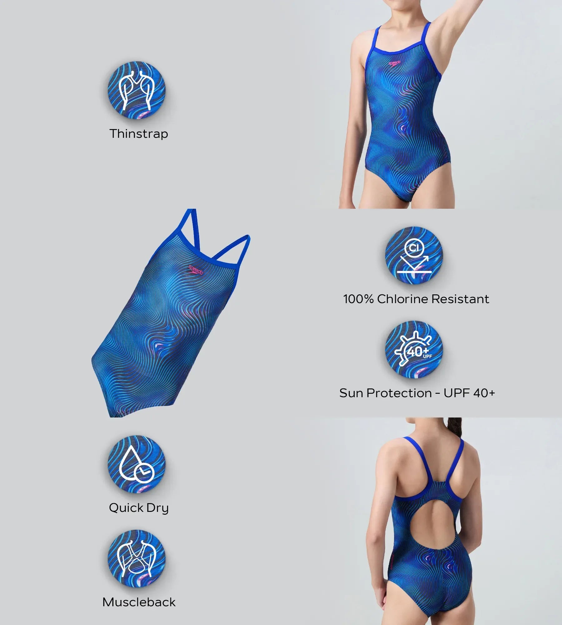 Girl's Endurance+ Thinstrap Muscleback V-Cut One Piece Swimsuit - Anthracite & Deep Saffire - Image 2