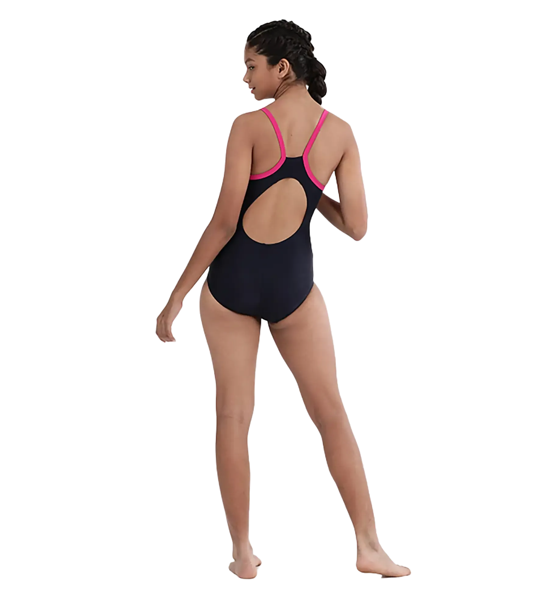 Girl's Endurance 10 Thinstrap Muscleback Printed One Piece V-Cut Swimsuit - True Navy & Electric Pink - Image 10