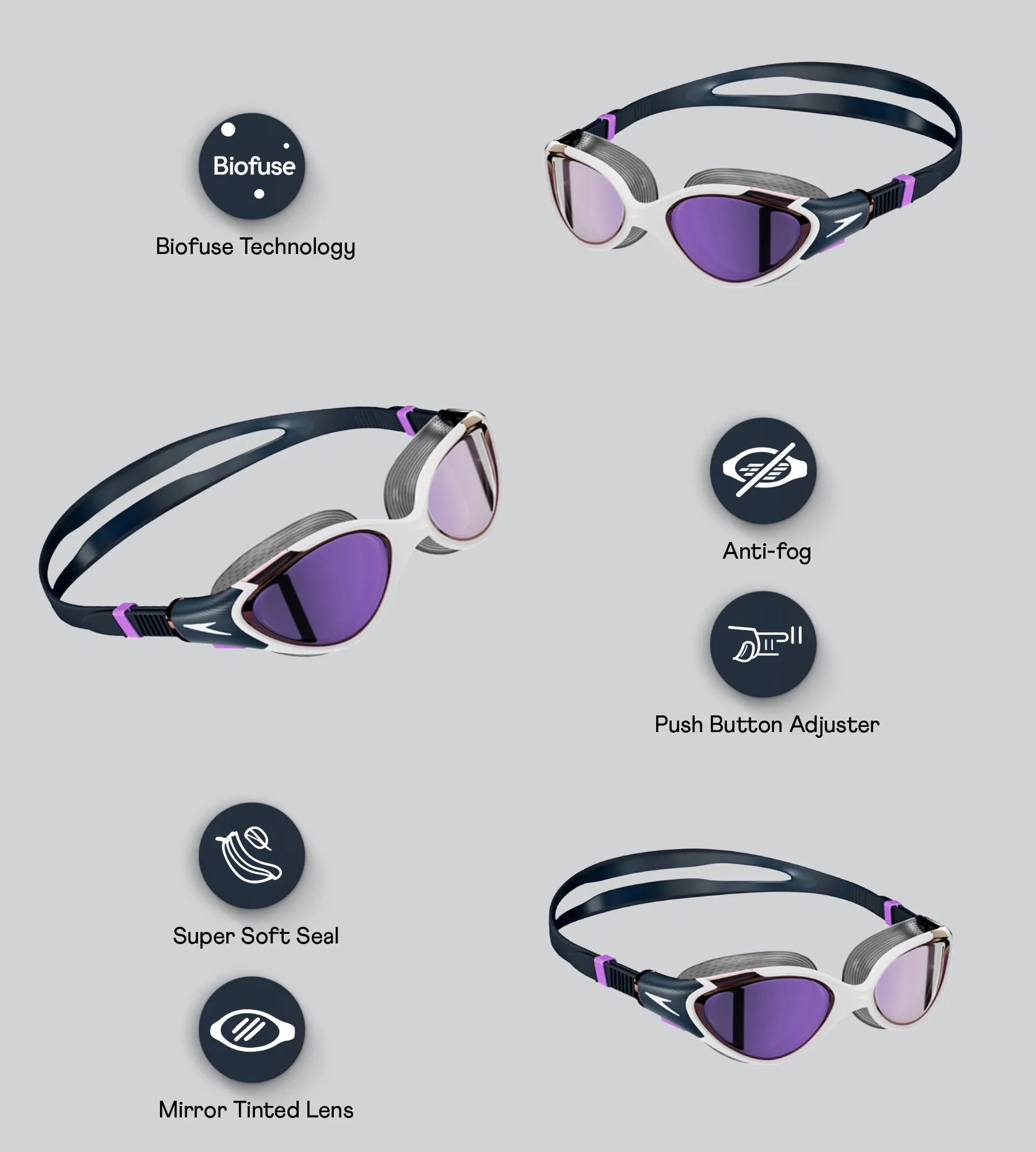 Women's Biofuse 2.0 Anti Fog Mirror Lens Swim Goggles - White. True Navy & Sweet Purple - Image 2