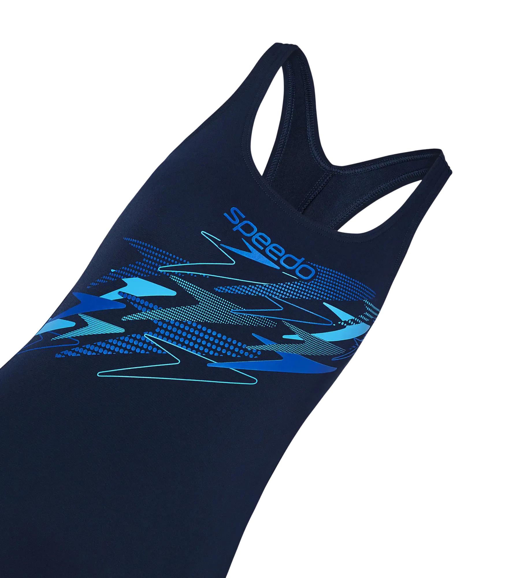 Women's Endurance+ Medley Print Lycra Racerback V-Cut One Piece Swimsuit - True Navy. Deep Saffire & Periwinkle Blue - Image 3