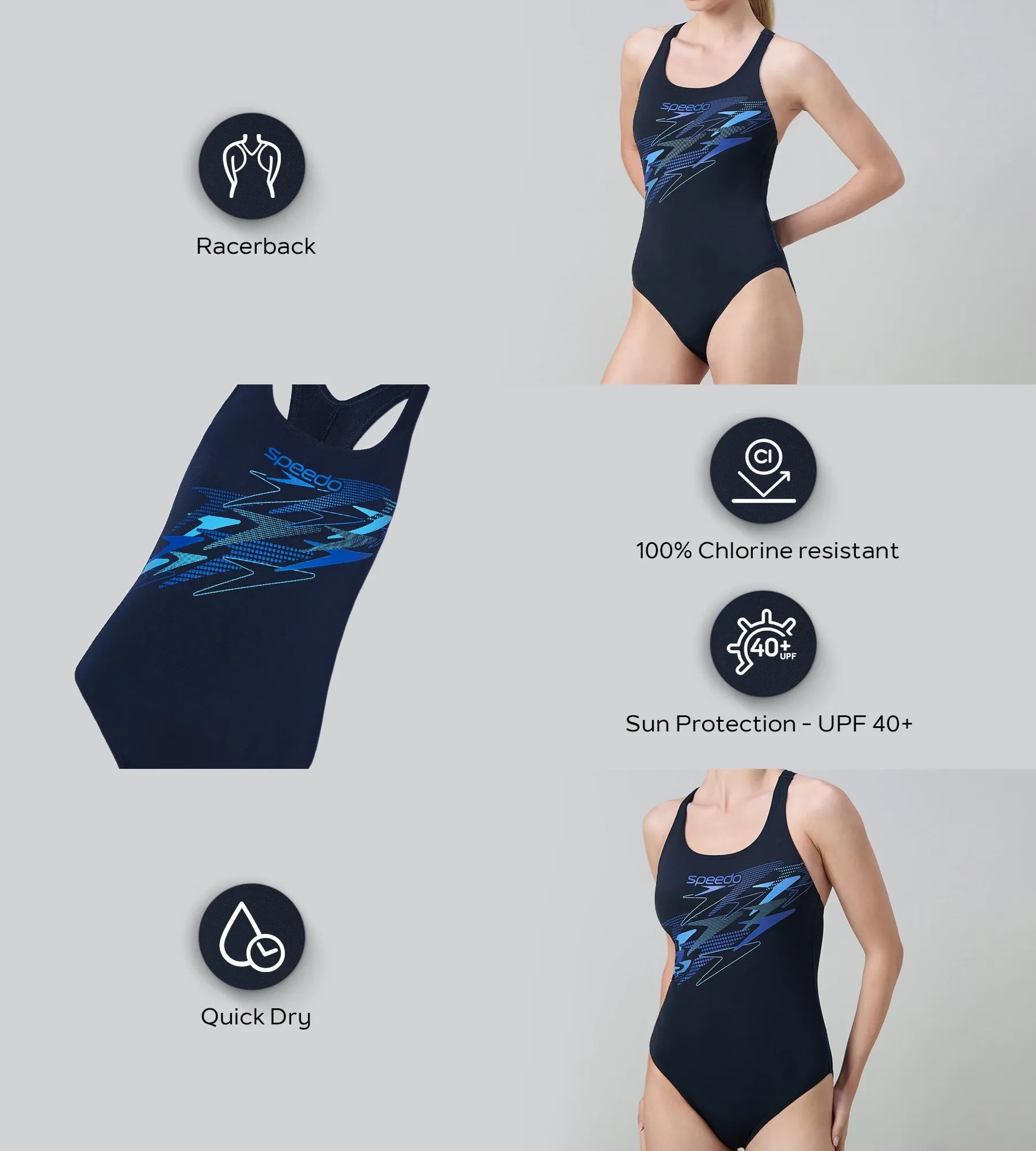 Women's Endurance+ Medley Print Lycra Racerback V-Cut One Piece Swimsuit - True Navy. Deep Saffire & Periwinkle Blue - Image 5
