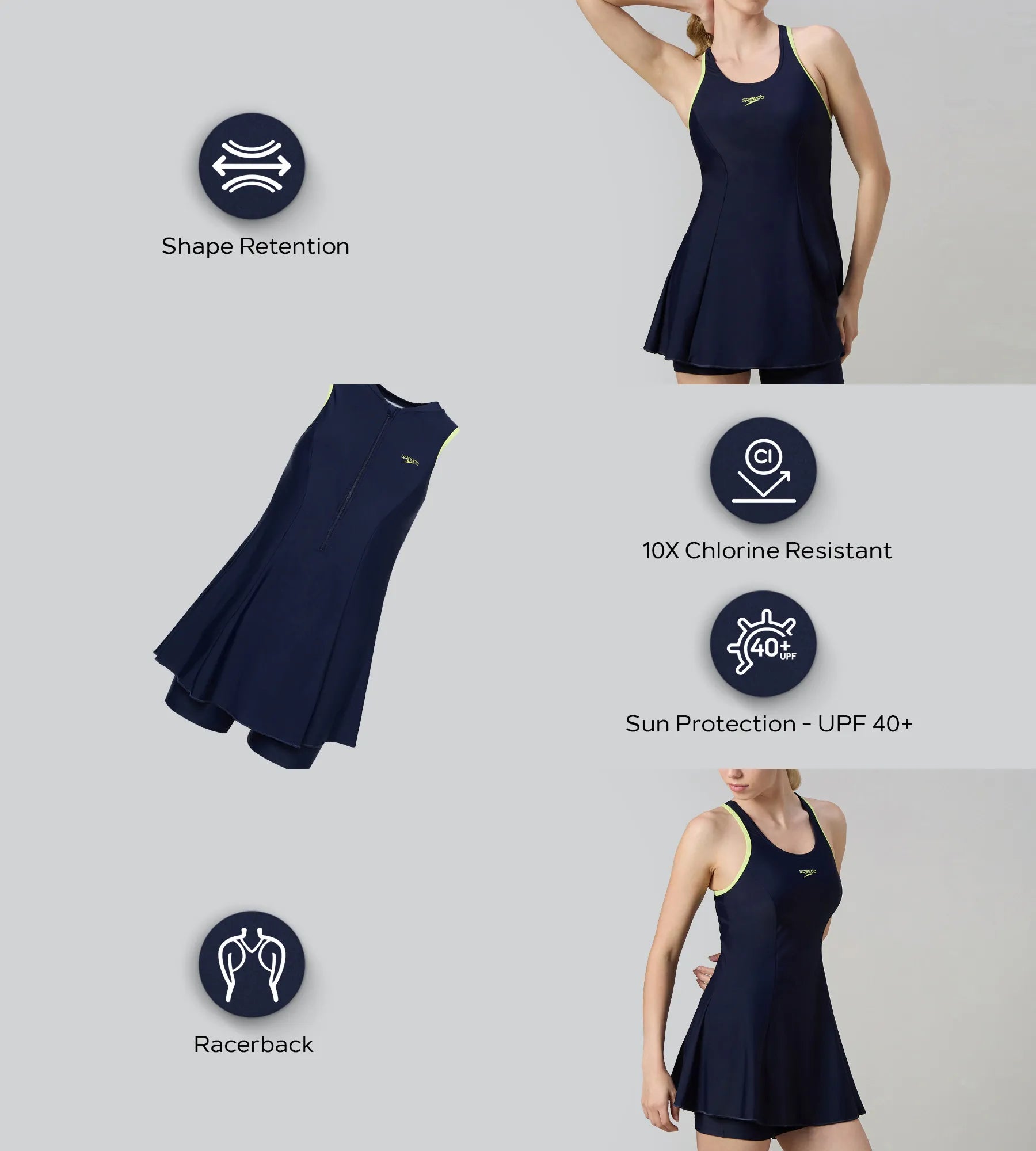 Women's Endurance10 Racerback Swimdress With Boyleg - True Navy & Electric Lime - Image 2
