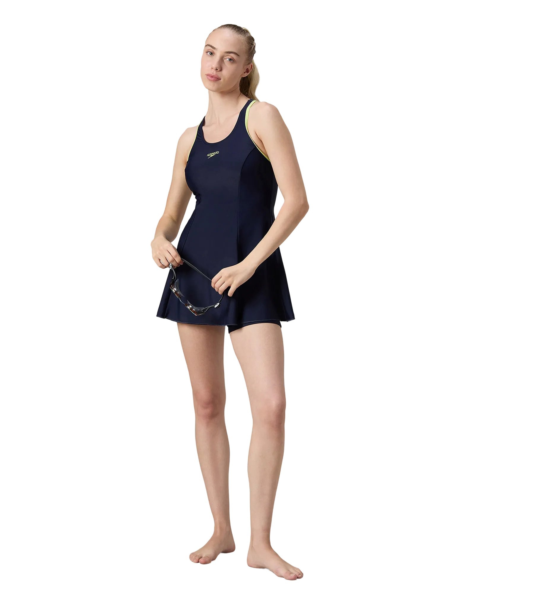 Women's Endurance10 Racerback Swimdress With Boyleg - True Navy & Electric Lime - Image 6