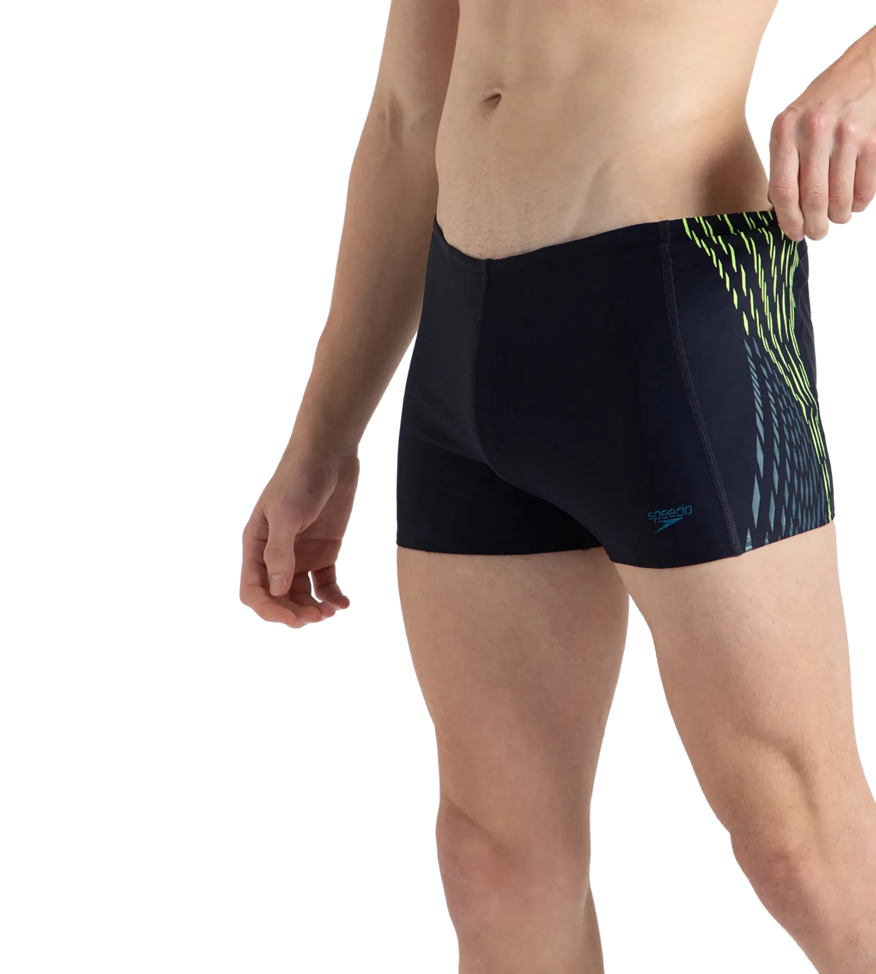 Men's Endurance10 Tech Print Placement Panel Aquashort - True Navy. Hyper Yellow & Dark Teal