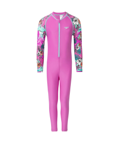 Tots Endura Brite Block Printed All In One Full Body Suit For Boys and Girls - Neon Violet. Diva & Arctic Glass