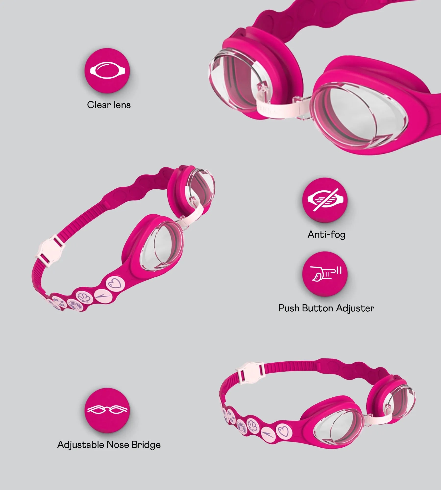 Kids Sea Squad Spot Anti Fog Clear Lens Swim Goggles For Tots - Blossom. Electric Pink & Clear - Image 2