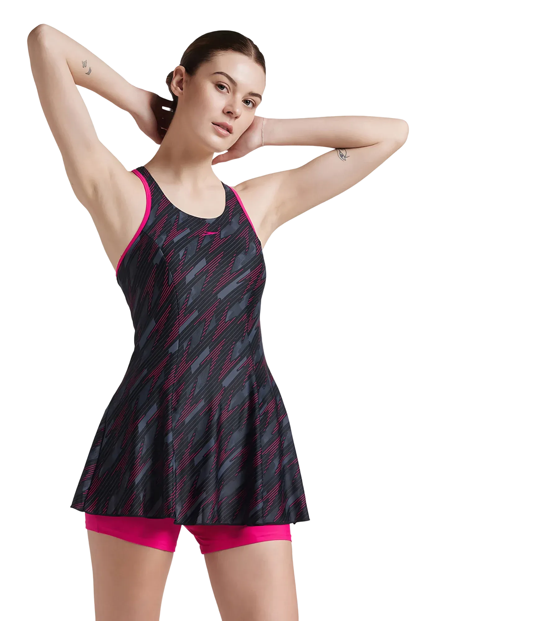 Women's Endurance 10 Hyperboom Printed Racerback Swimdress With Boyleg - Black & Electric Pink