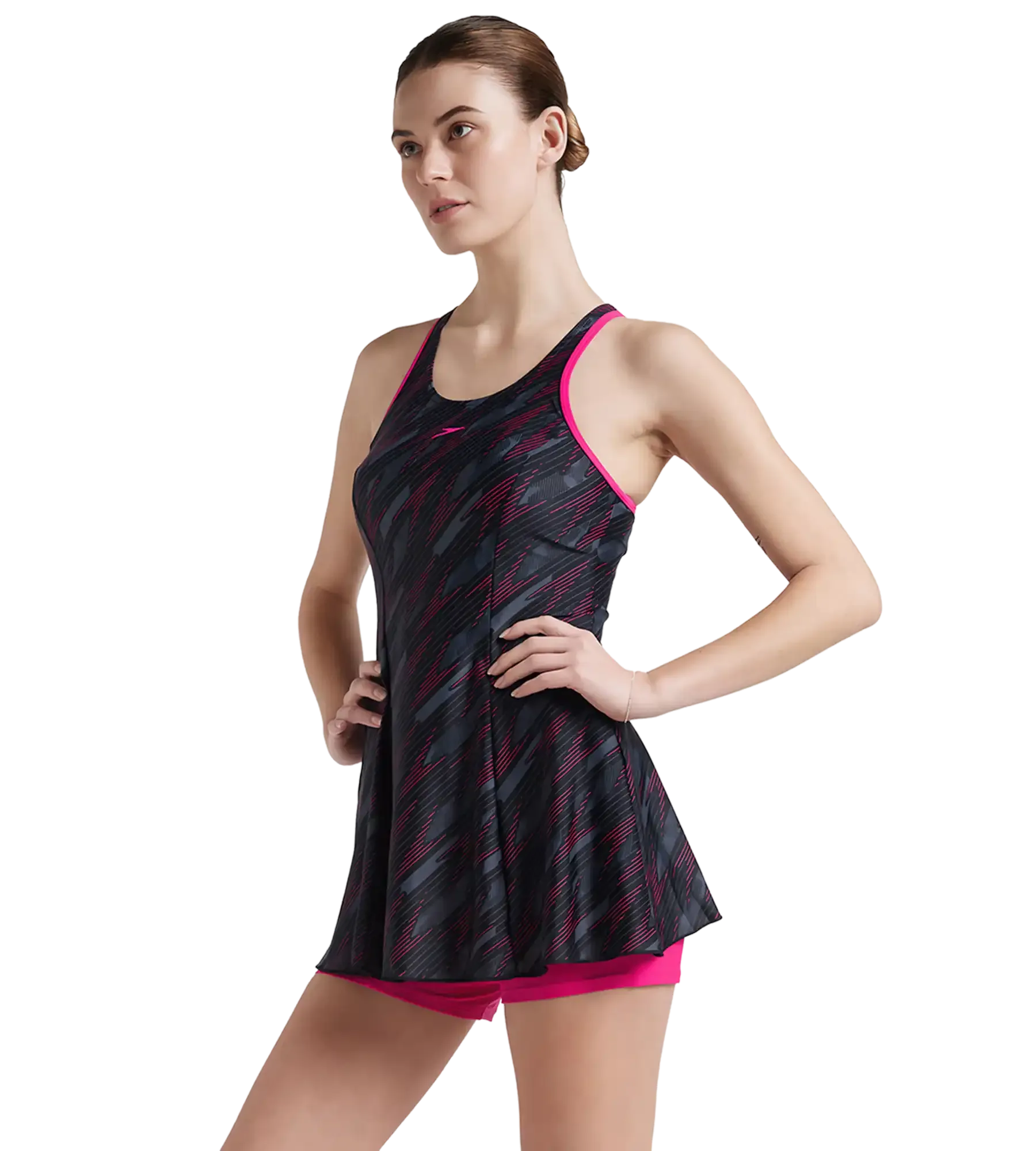 Women's Endurance 10 Hyperboom Printed Racerback Swimdress With Boyleg - Black & Electric Pink - Image 3