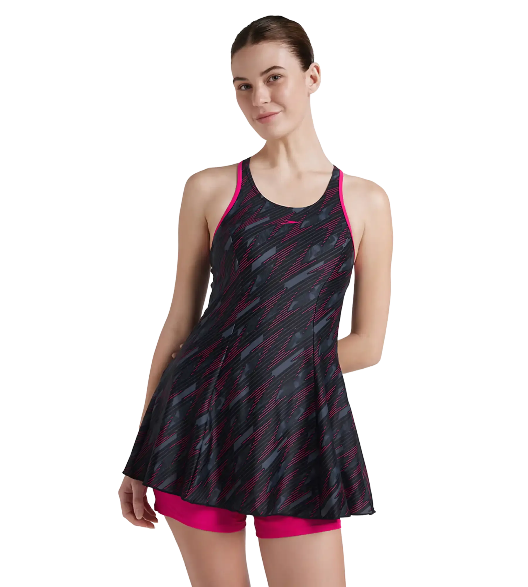 Women's Endurance 10 Hyperboom Printed Racerback Swimdress With Boyleg - Black & Electric Pink - Image 6