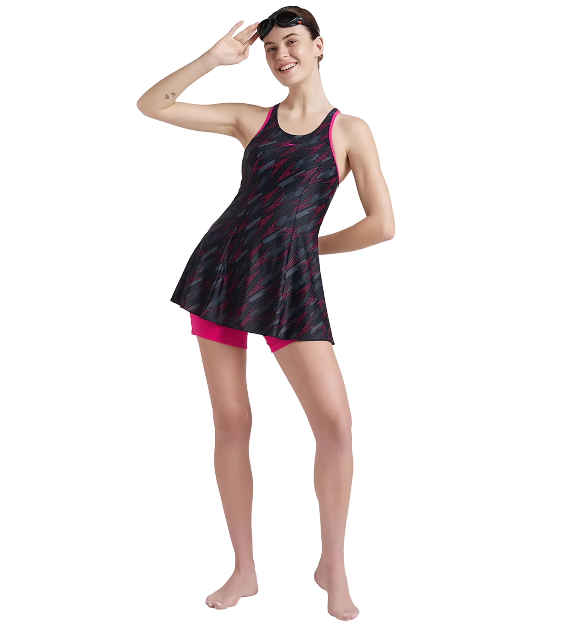 Women's Endurance 10 Hyperboom Printed Racerback Swimdress With Boyleg - Black & Electric Pink - Image 7
