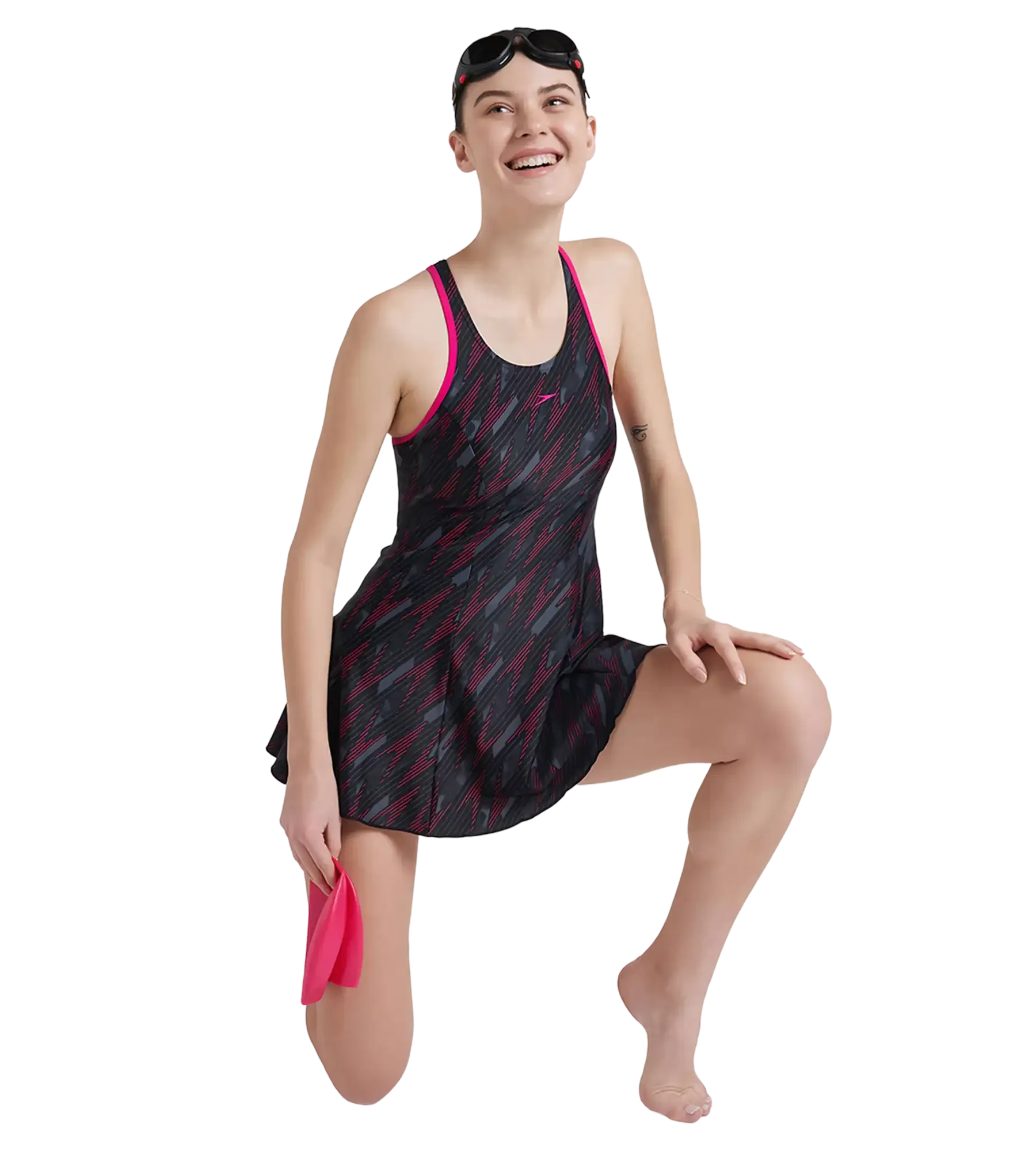 Women's Endurance 10 Hyperboom Printed Racerback Swimdress With Boyleg - Black & Electric Pink - Image 8