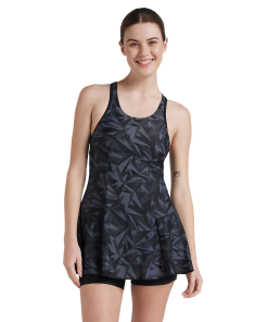 Women's Endurance 10 Hyperboom Printed Racerback Swimdress With Boyleg - Black & Oxid Grey