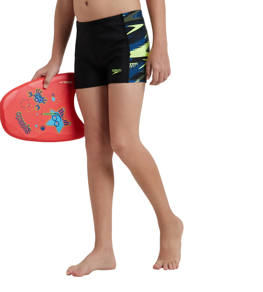 Boy's Endurance10 Hyperboom Panel Print Aquashort - Black. Turkish Sea & Hyper Yellow