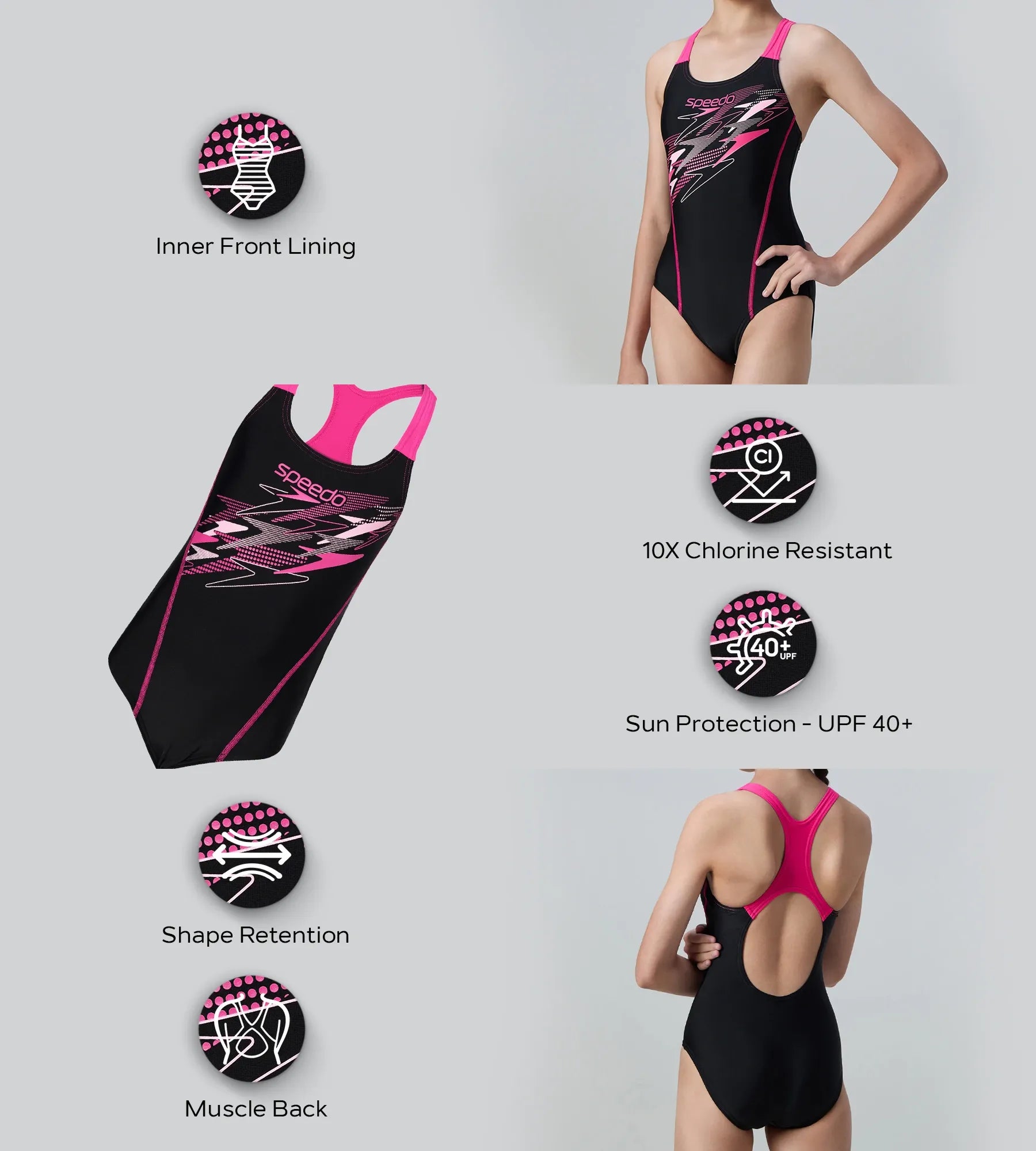 Gir's Endurance10 Medley Print Muscleback V-Cut One Piece Swimsuit - Black & Margarita Pink - Image 2
