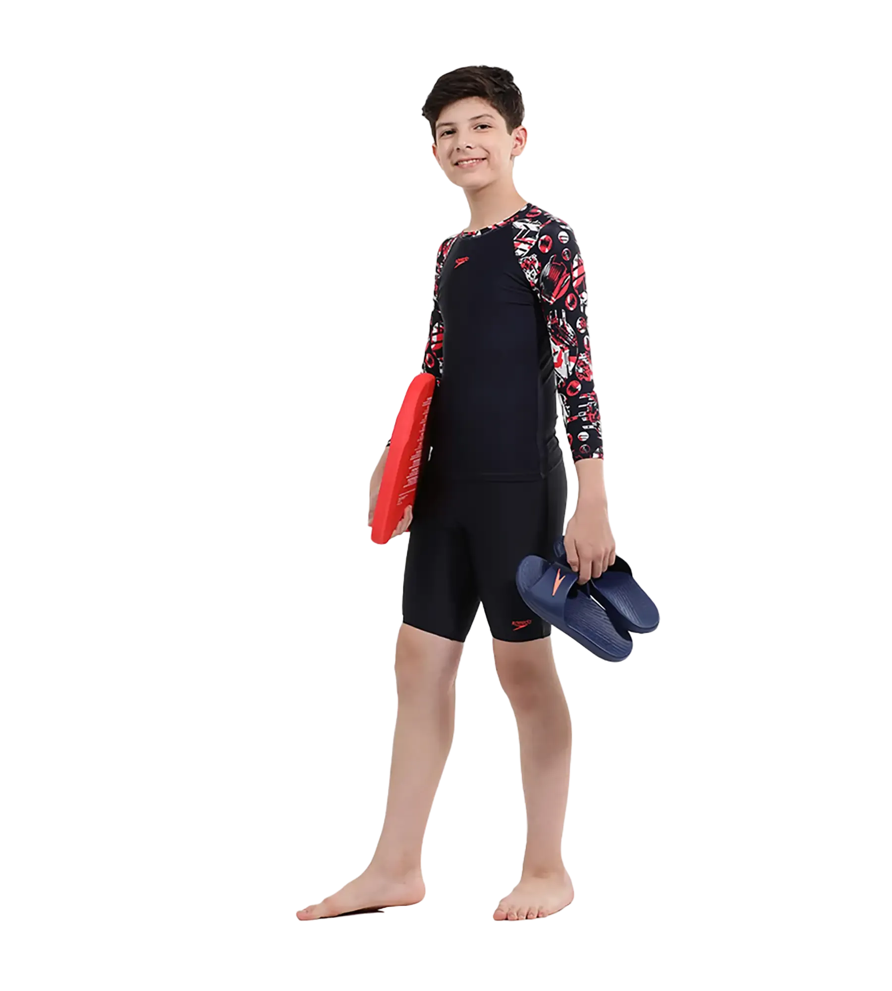 Boy's Endurance 10 Glitchamp Long Sleeve Suntop - True Navy & Lava Red - Image 19
