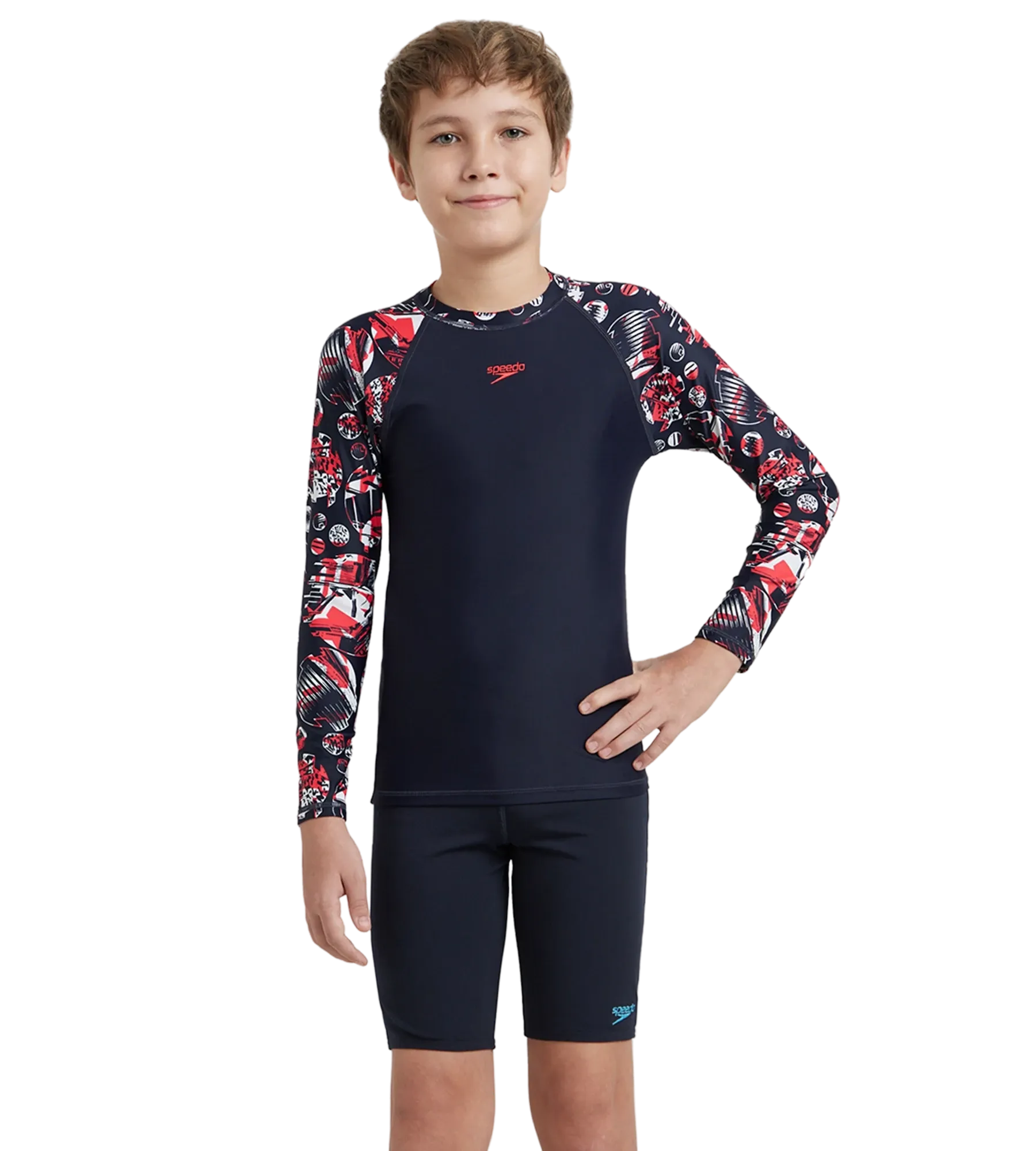 Boy's Endurance 10 Glitchamp Long Sleeve Suntop - True Navy & Lava Red - Image 3