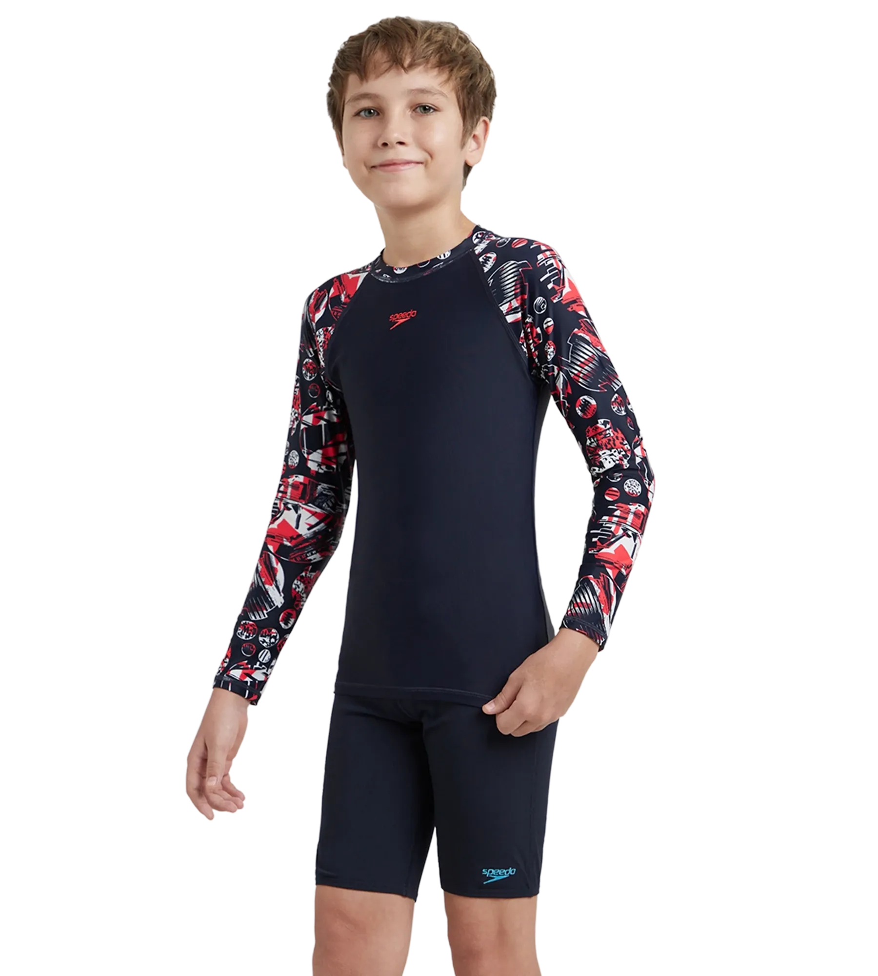 Boy's Endurance 10 Glitchamp Long Sleeve Suntop - True Navy & Lava Red - Image 5