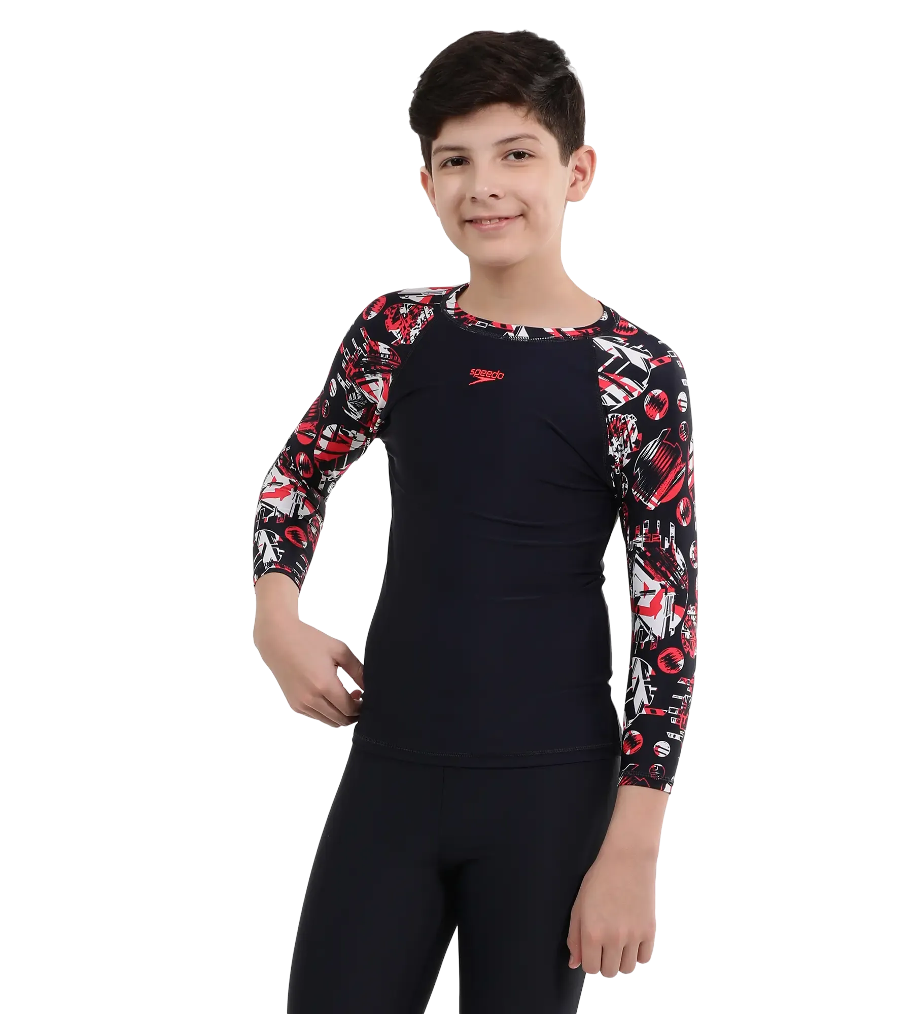 Boy's Endurance 10 Glitchamp Long Sleeve Suntop - True Navy & Lava Red - Image 4