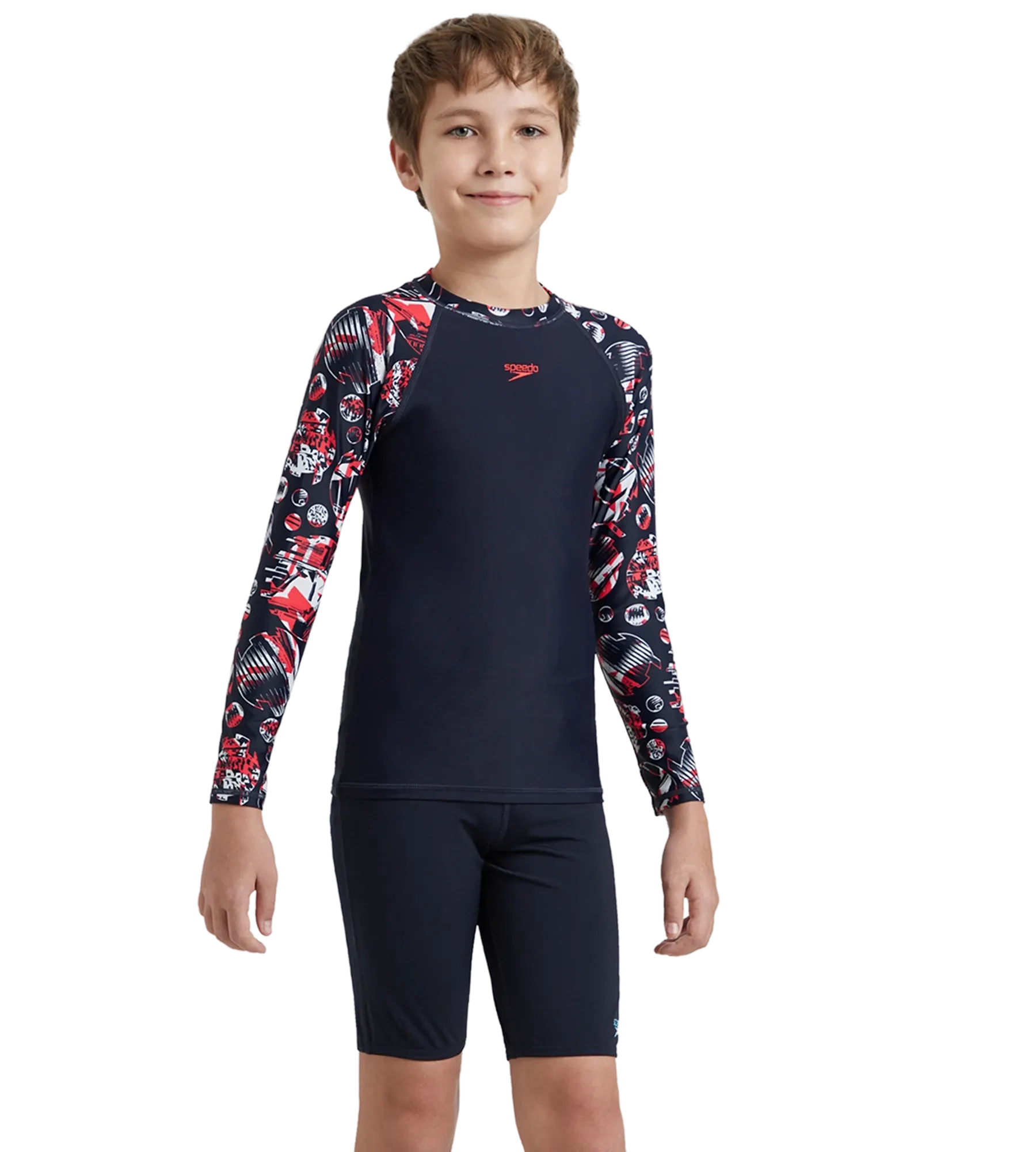 Boy's Endurance 10 Glitchamp Long Sleeve Suntop - True Navy & Lava Red - Image 7