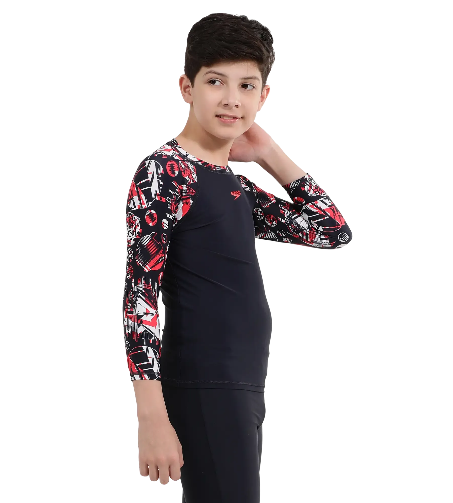 Boy's Endurance 10 Glitchamp Long Sleeve Suntop - True Navy & Lava Red - Image 6