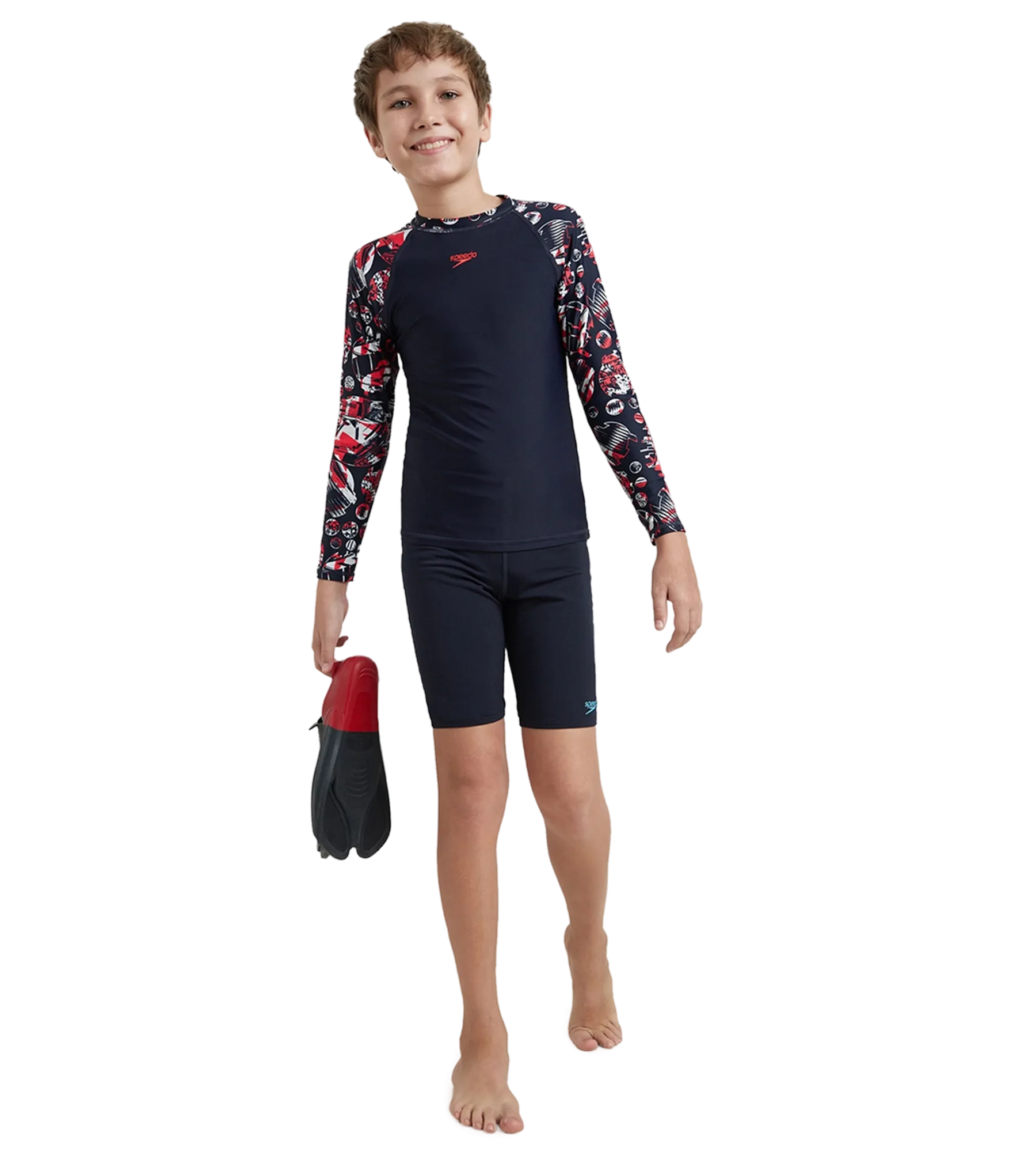 Boy's Endurance 10 Glitchamp Long Sleeve Suntop - True Navy & Lava Red - Image 13