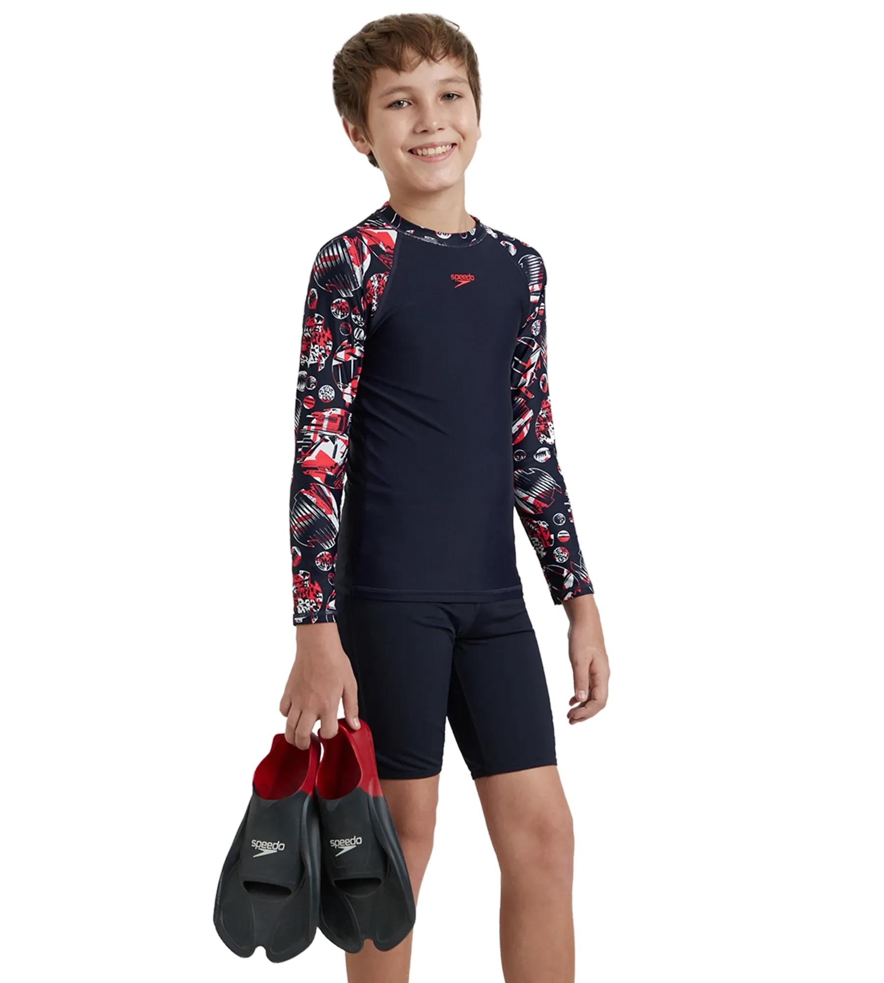 Boy's Endurance 10 Glitchamp Long Sleeve Suntop - True Navy & Lava Red - Image 15