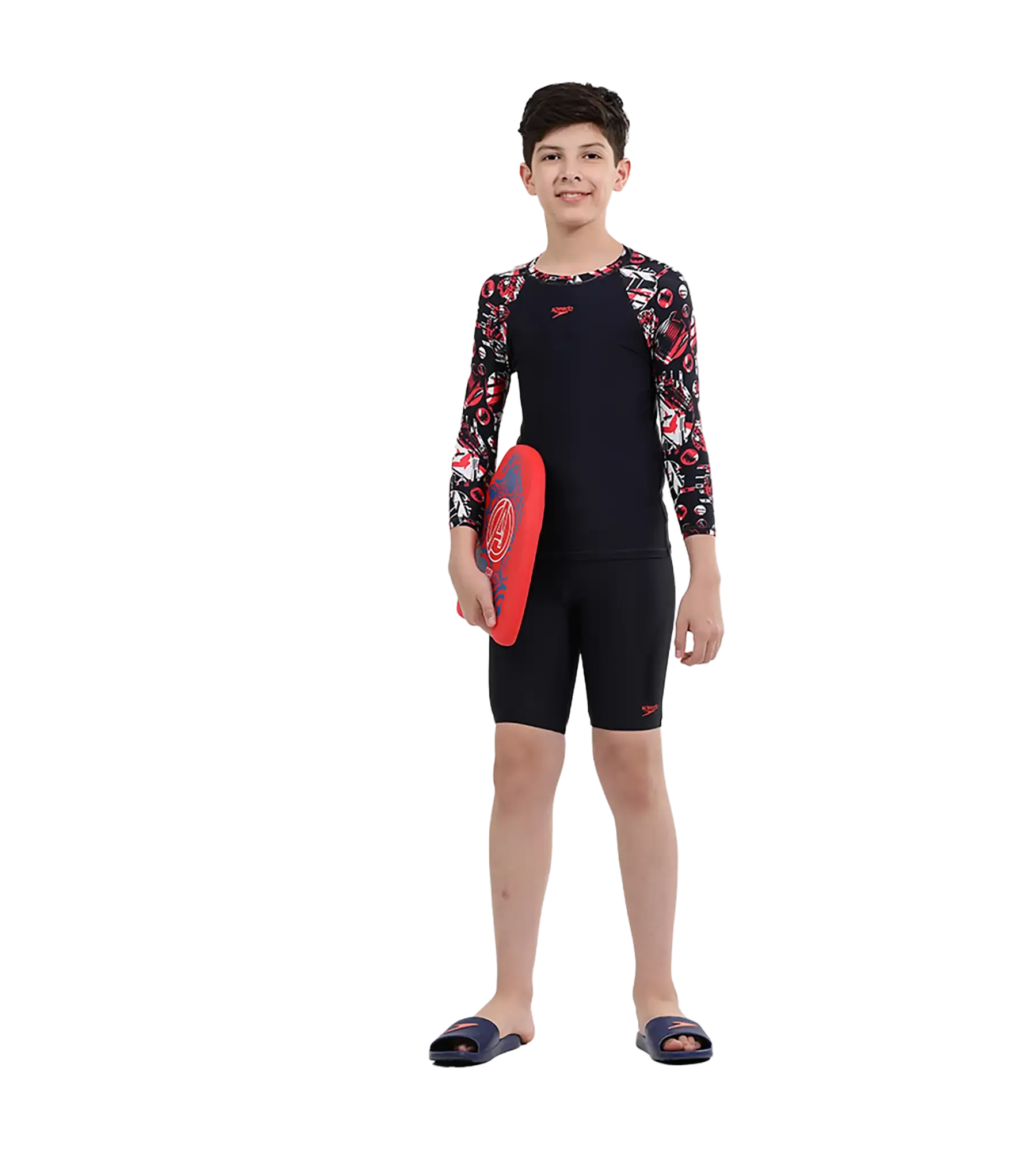 Boy's Endurance 10 Glitchamp Long Sleeve Suntop - True Navy & Lava Red - Image 18
