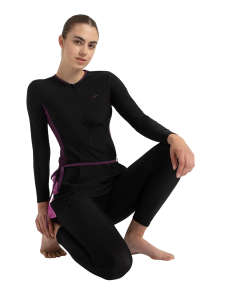 Women's Endurance10 Two Piece Closedback Full Body Suit - Black. Plum Dandy & Neon Violet