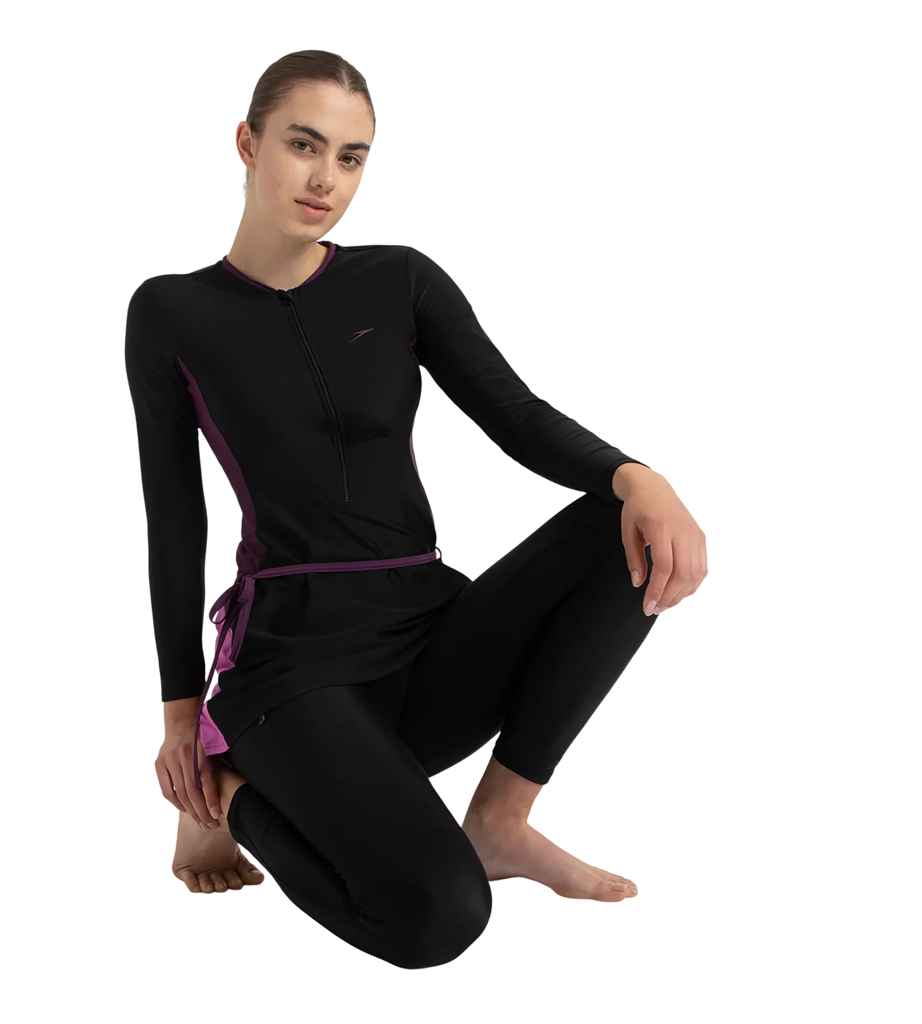 Women's Endurance10 Two Piece Closedback Full Body Suit - Black. Plum Dandy & Neon Violet