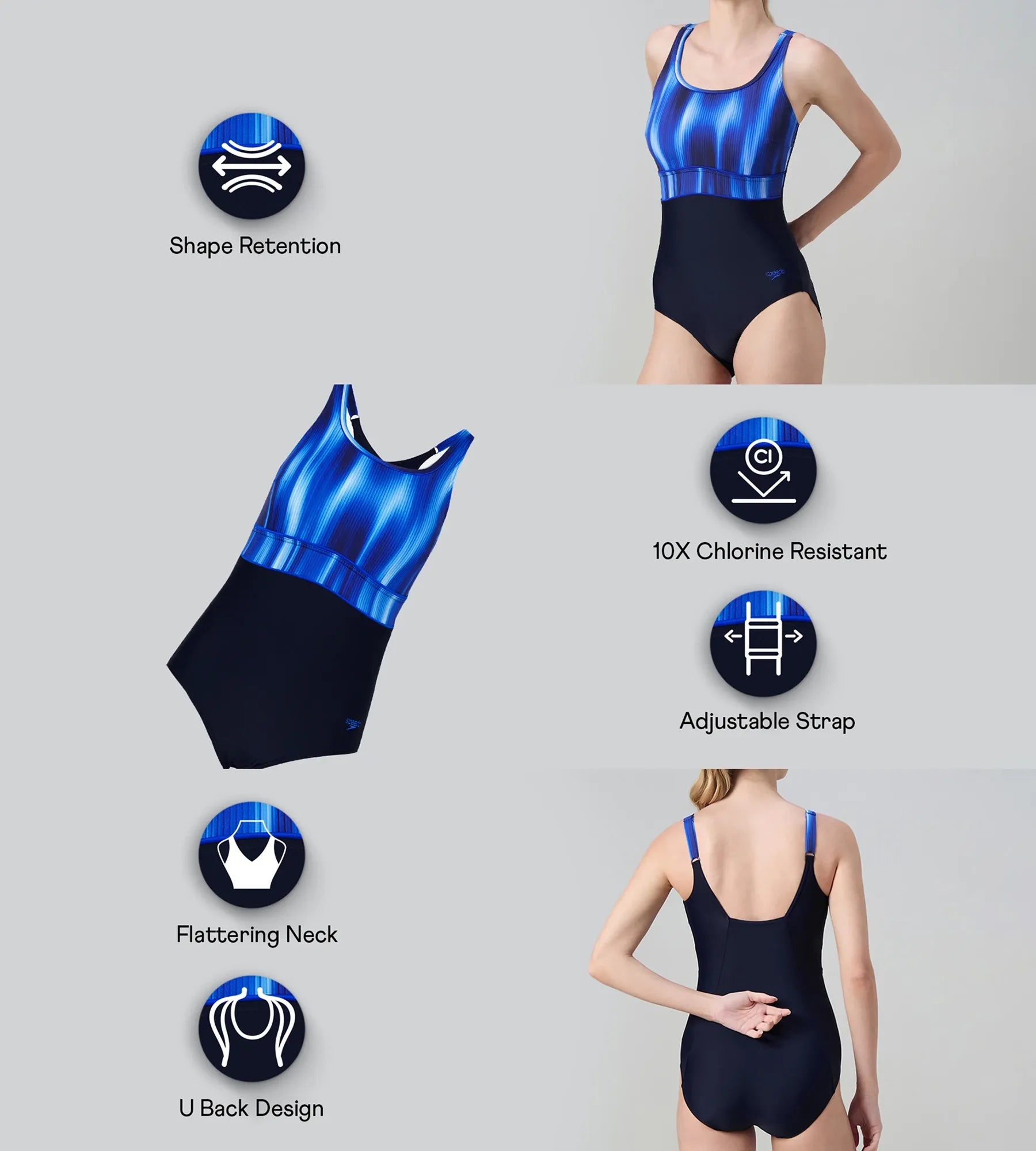 Women's Endurance10 Square Neck Printed V-Cut One Piece Swimsuit - True Navy & Deep Saffire - Image 2