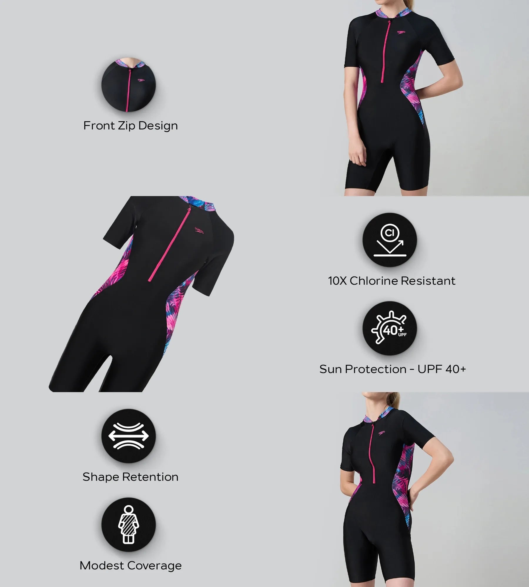 Women's Endurance10 Essential Splice Print Closedback Kneesuit - Black & Margarita Pink - Image 2