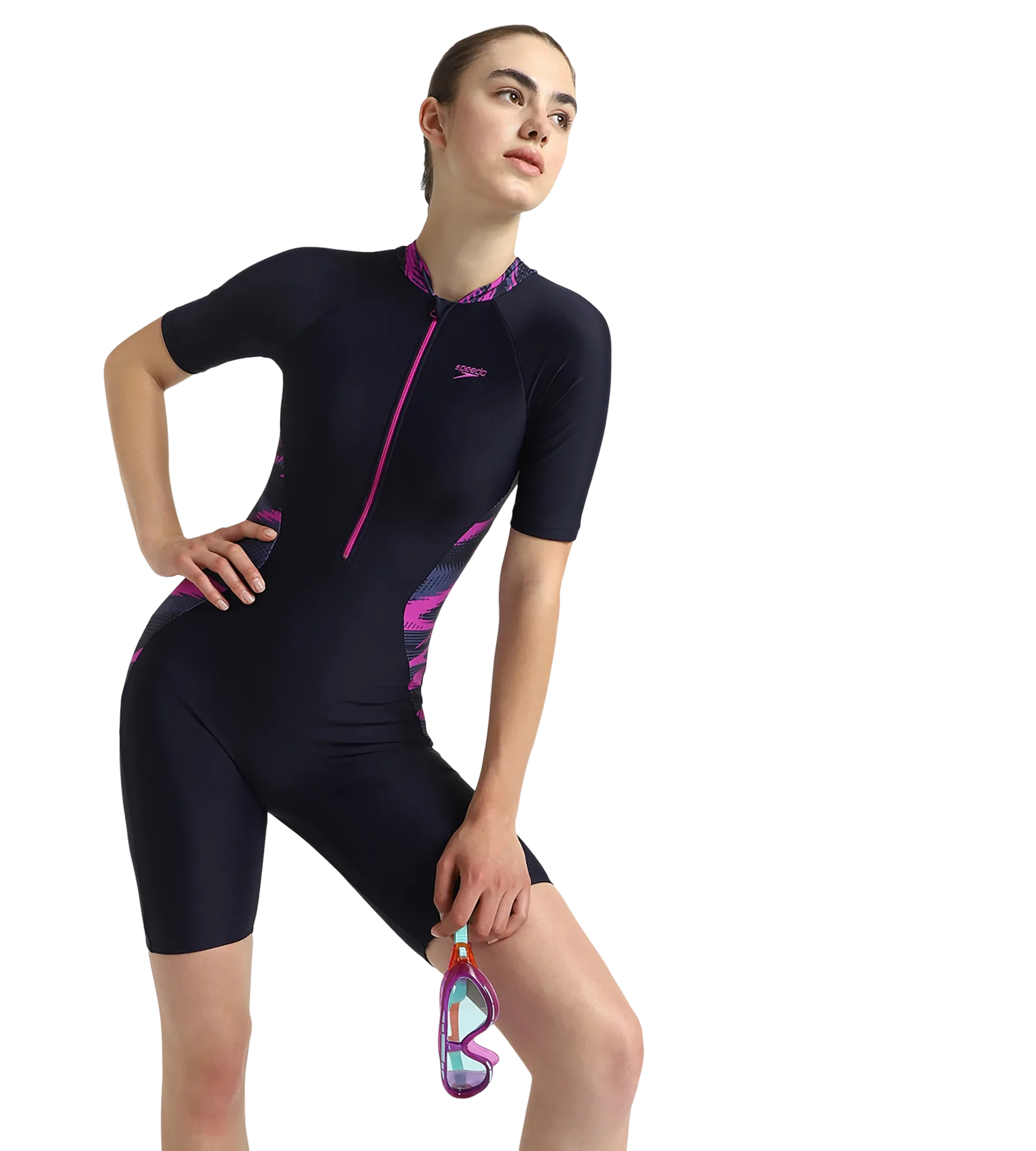 Women's Endurance10 Essential Splice Print Closedback Kneesuit - True Navy. Hapuna Blue & Diva