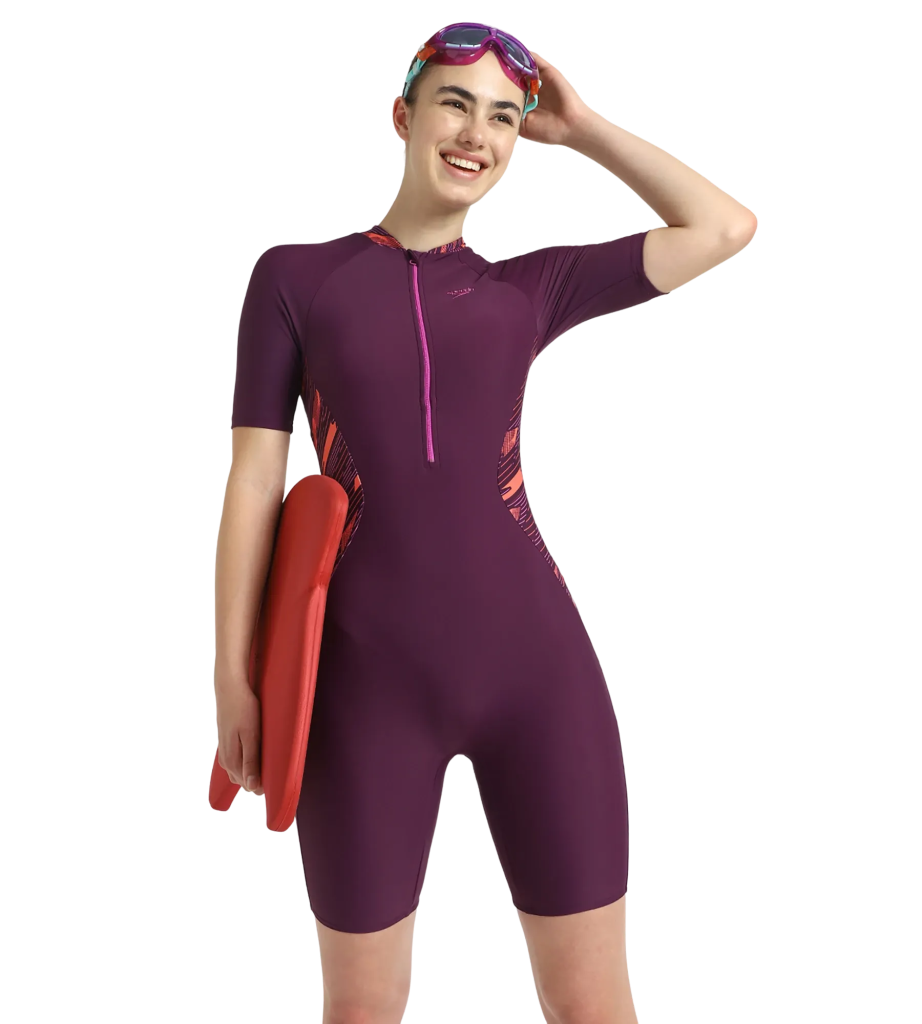 Women's Enduraflex Essential Splice Print Closedback Kneesuit - Plum Dandy. Coral Sands & Neon Violet
