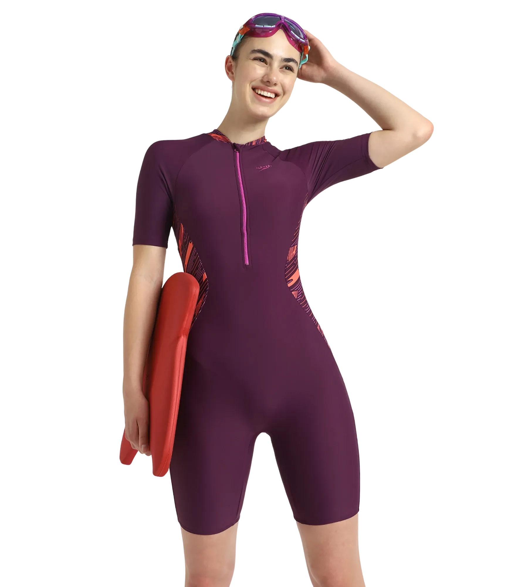 Women's Enduraflex Essential Splice Print Closedback Kneesuit - Plum Dandy. Coral Sands & Neon Violet