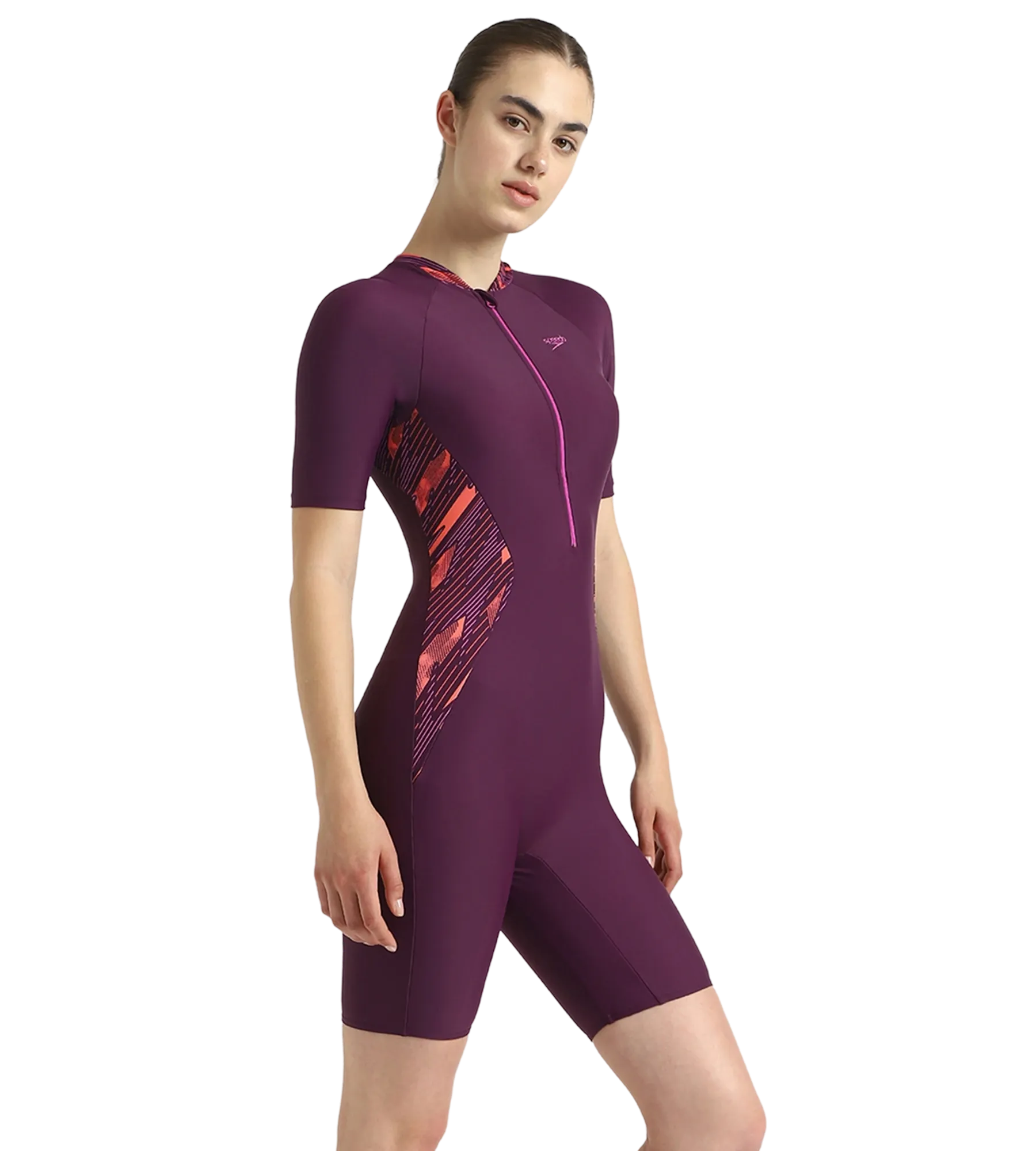 Women's Enduraflex Essential Splice Print Closedback Kneesuit - Plum Dandy. Coral Sands & Neon Violet - Image 4