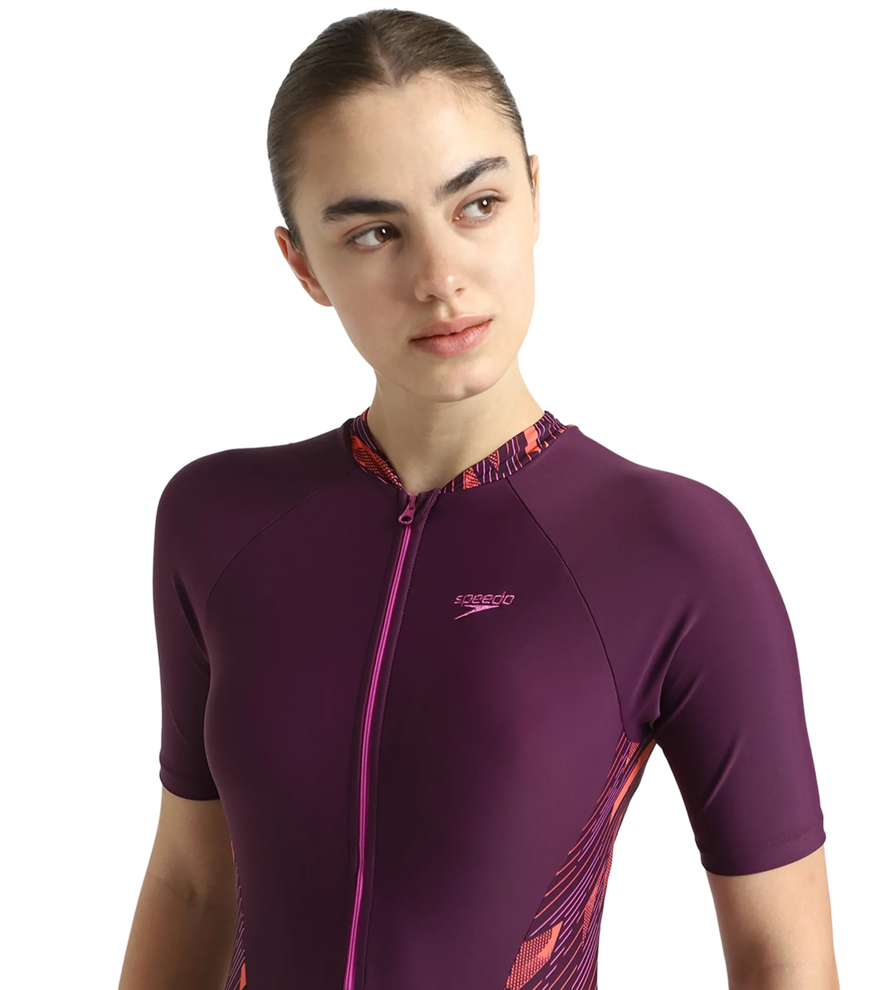 Women's Enduraflex Essential Splice Print Closedback Kneesuit - Plum Dandy. Coral Sands & Neon Violet - Image 10