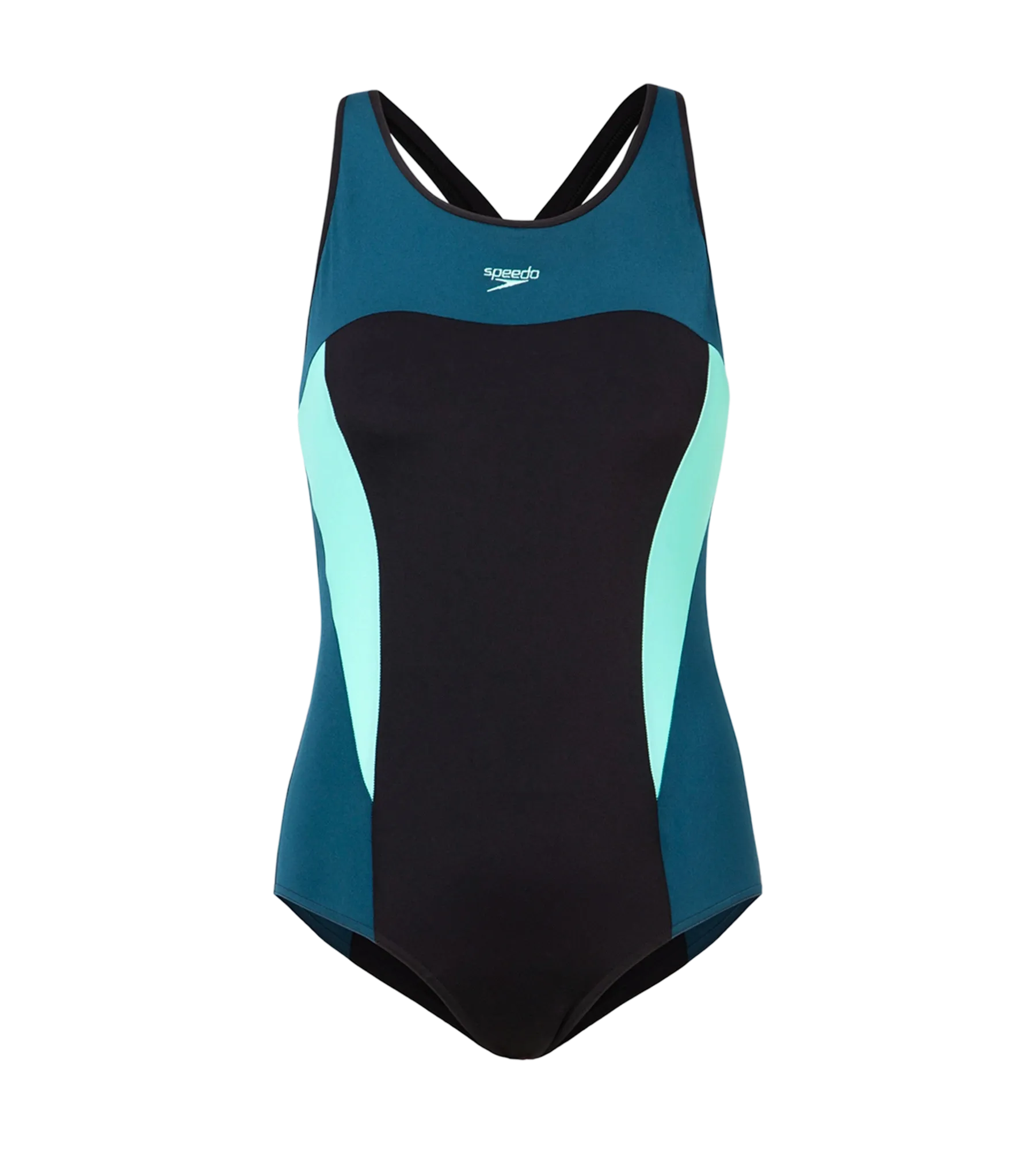 Women's Endurance+ High Neck Cross Back V-Cut One Piece Swimsuit - Black. Dark Teal & Arctic Glass - Image 12