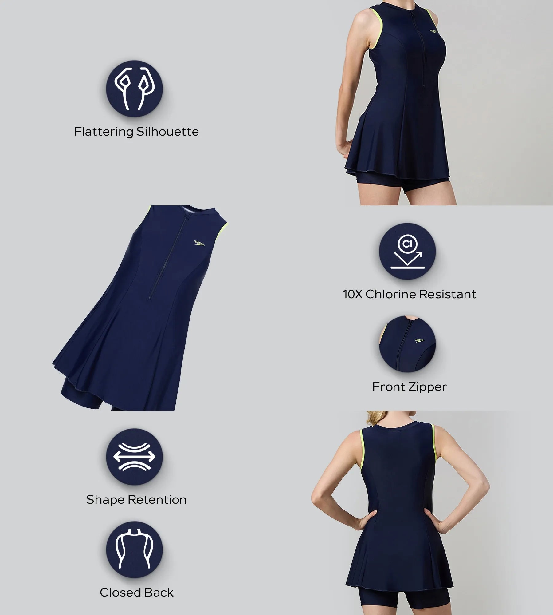 Women's Endurance10 Closedback Swimdress With Boyleg - True Navy & Electric Lime - Image 2