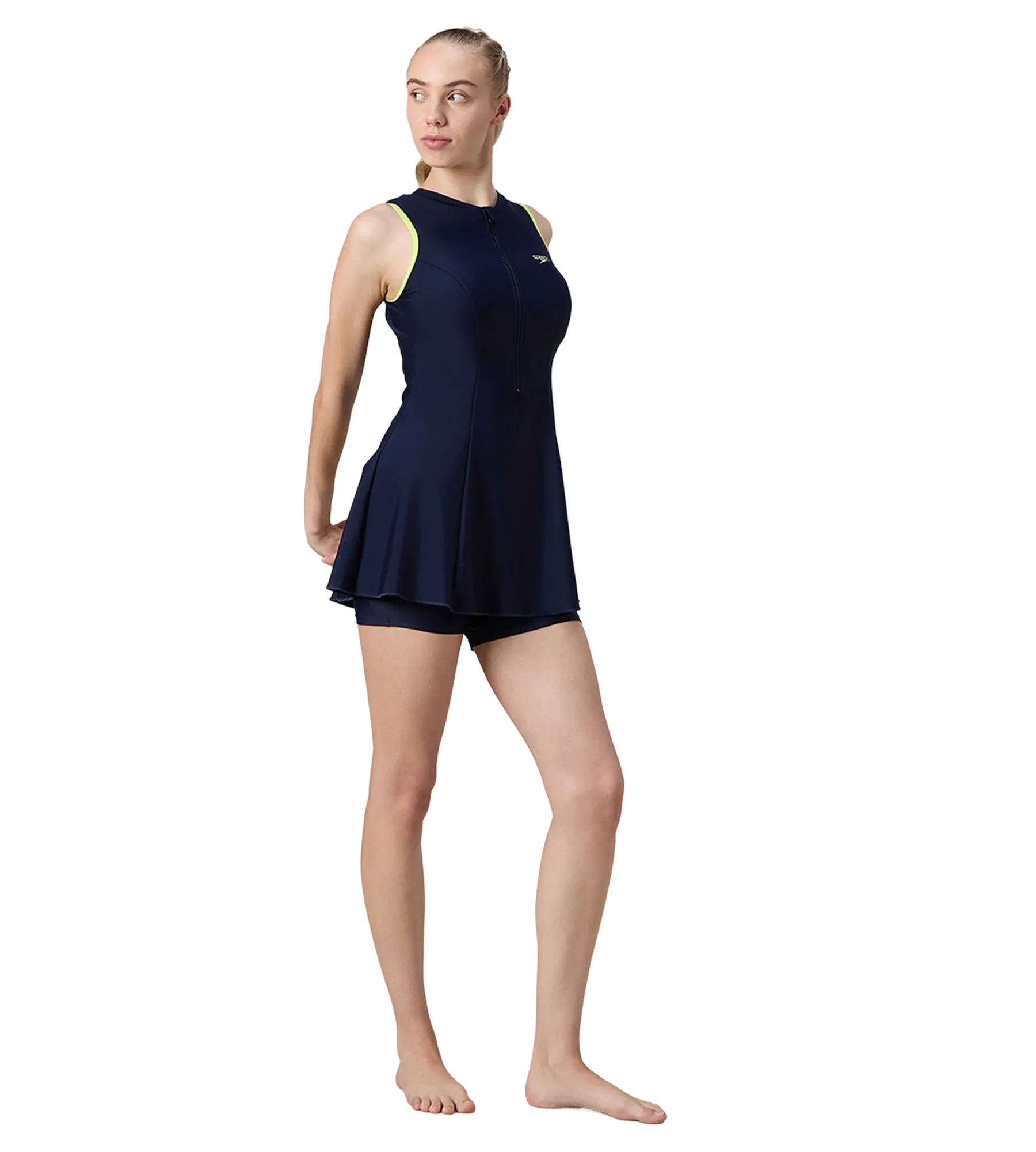 Women's Endurance10 Closedback Swimdress With Boyleg - True Navy & Electric Lime - Image 6