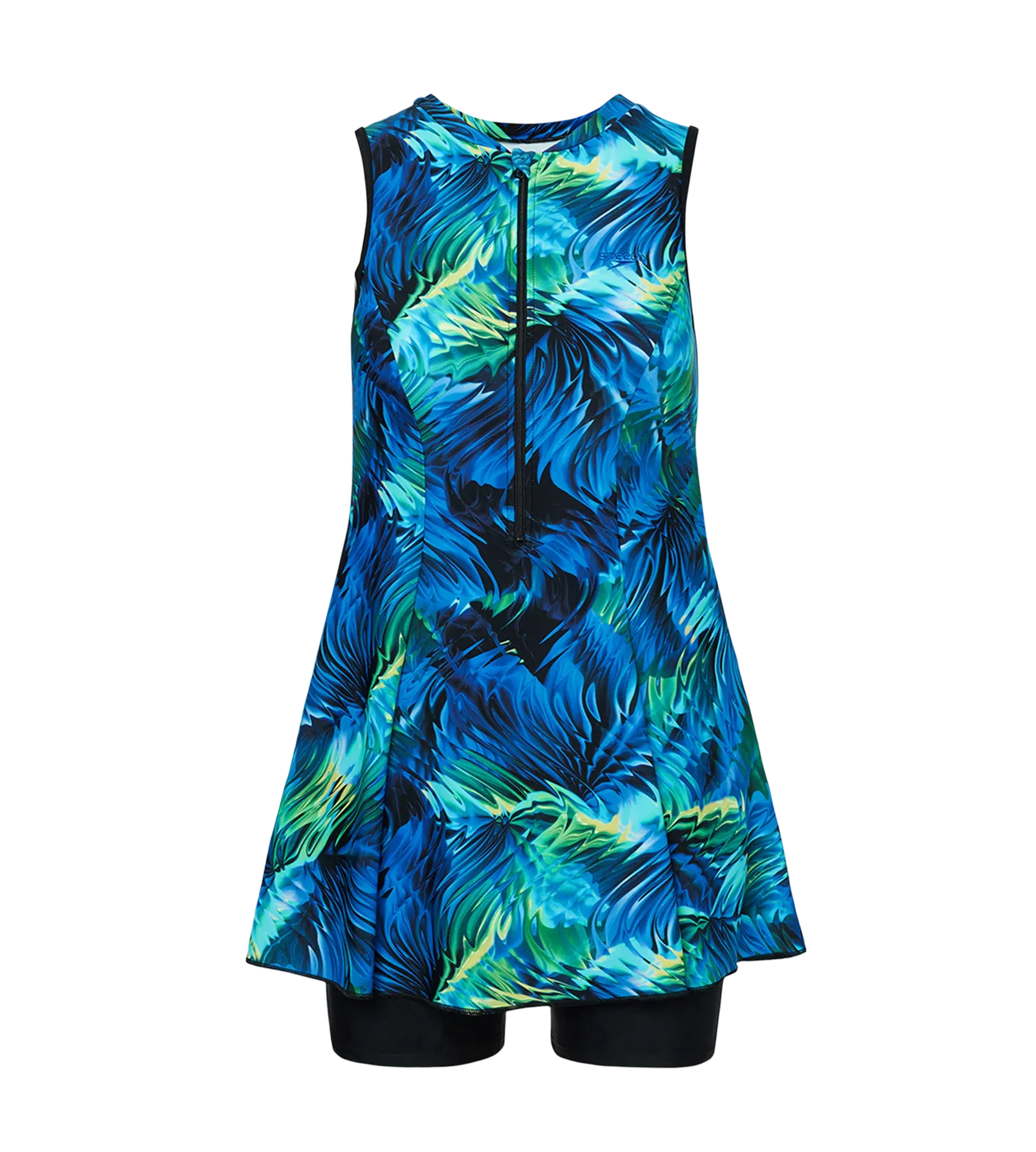 Women's Endurance10 Printed Closedback Swimdress With Boyleg - Black & Deep Saffire - Image 11