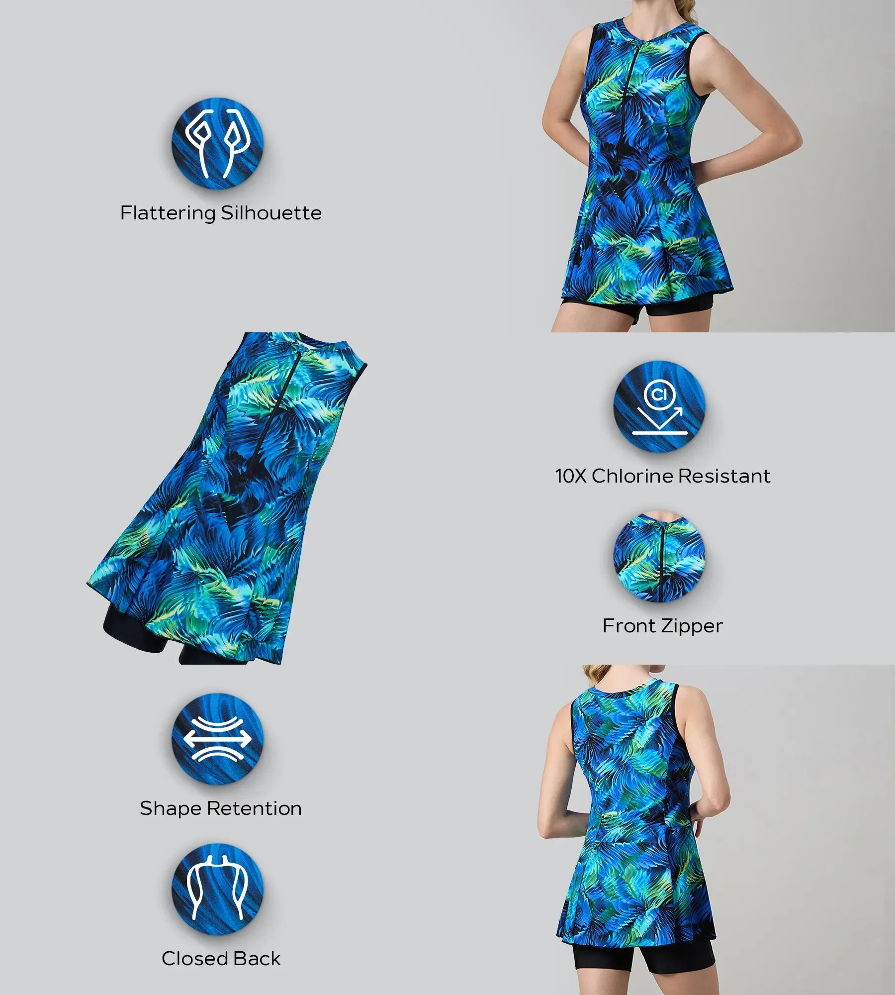Women's Endurance10 Printed Closedback Swimdress With Boyleg - Black & Deep Saffire - Image 2