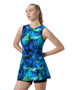 Women's Endurance10 Printed Closedback Swimdress With Boyleg - Black & Deep Saffire
