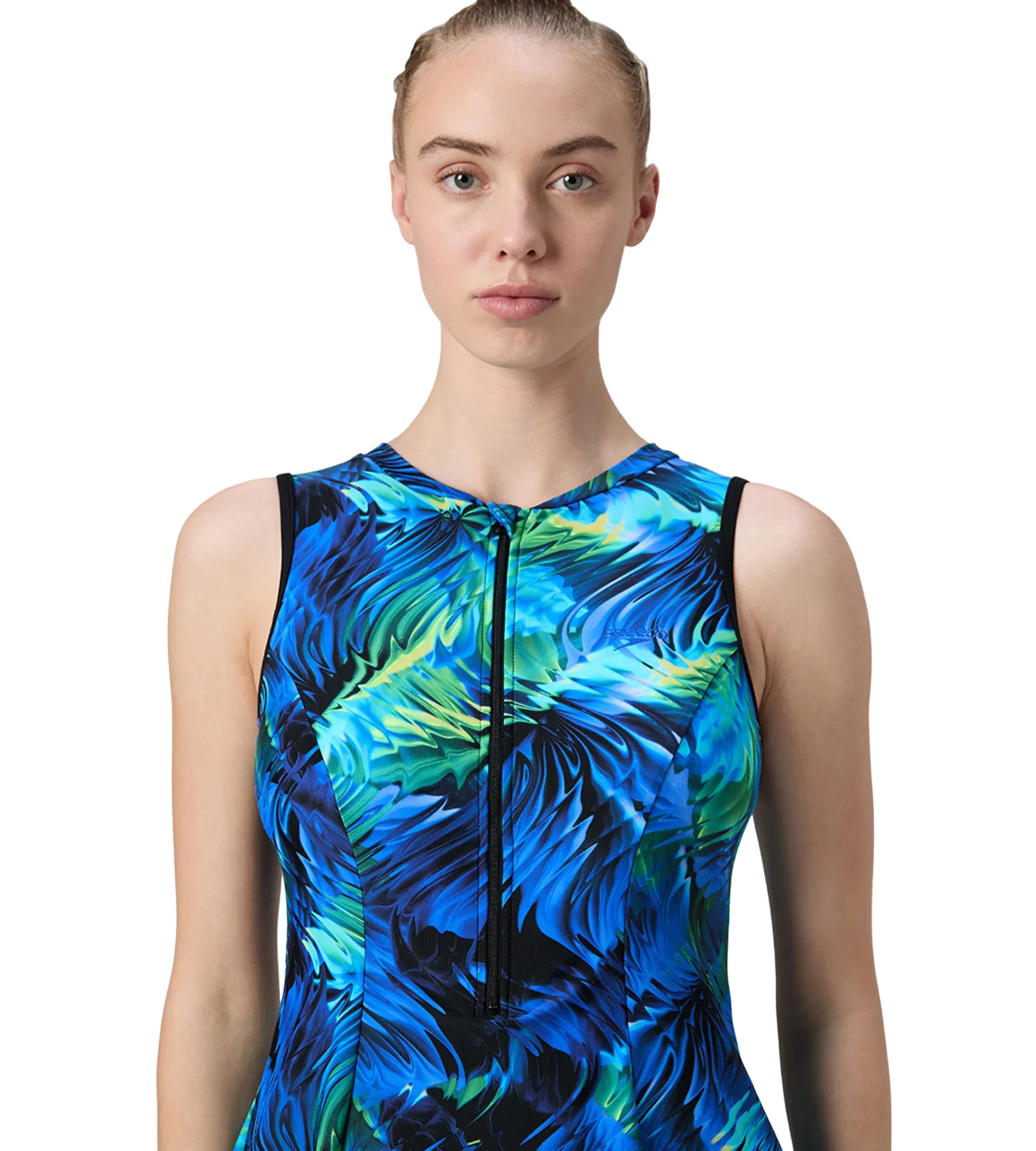 Women's Endurance10 Printed Closedback Swimdress With Boyleg - Black & Deep Saffire - Image 8