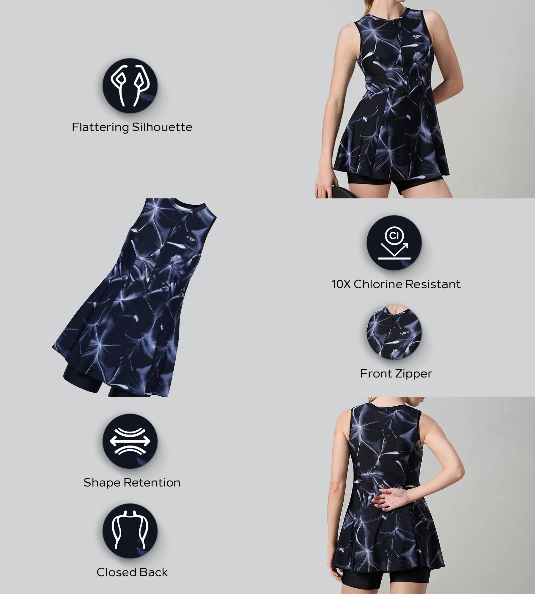 Women's Endurance10 Printed Closedback Swimdress With Boyleg - Black & Grey - Image 2