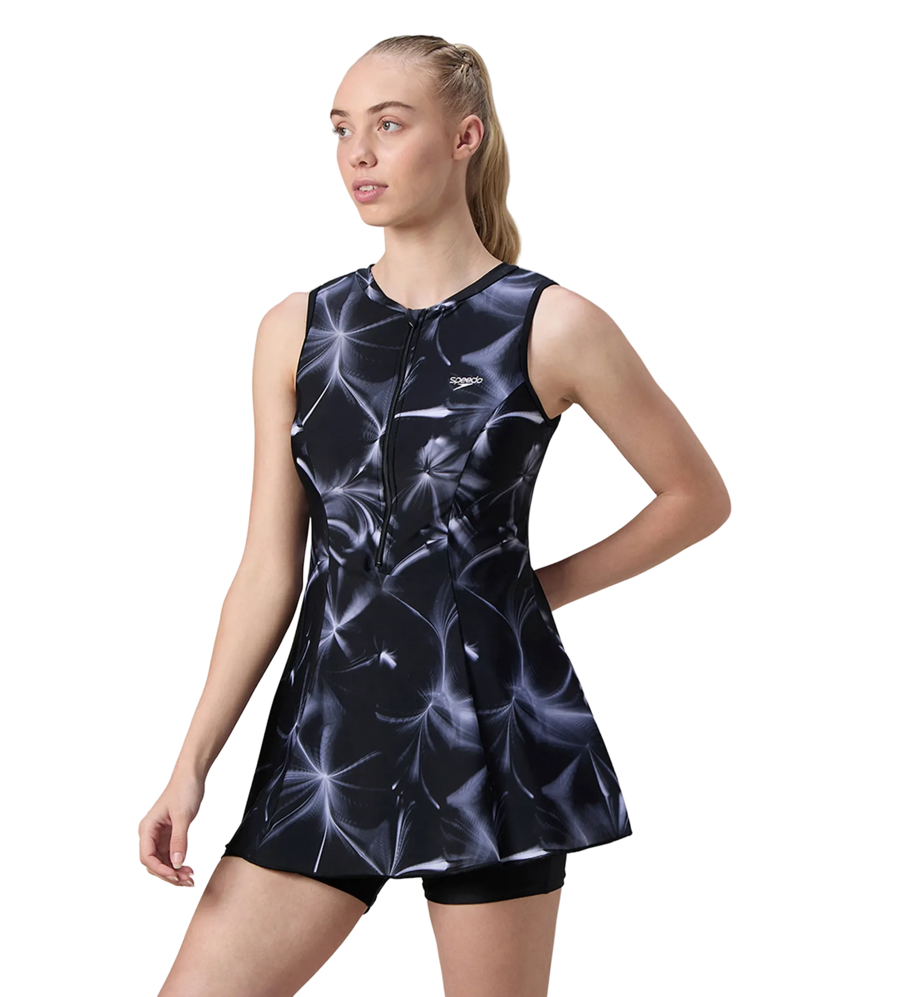 Women's Endurance10 Printed Closedback Swimdress With Boyleg - Black & Grey - Image 3