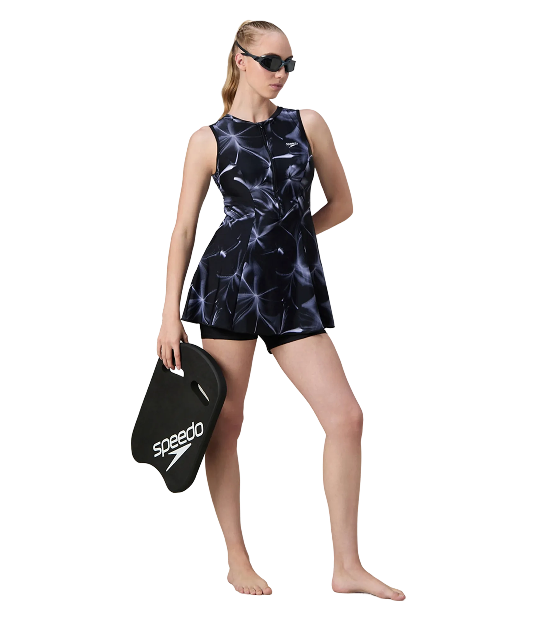 Women's Endurance10 Printed Closedback Swimdress With Boyleg - Black & Grey - Image 5
