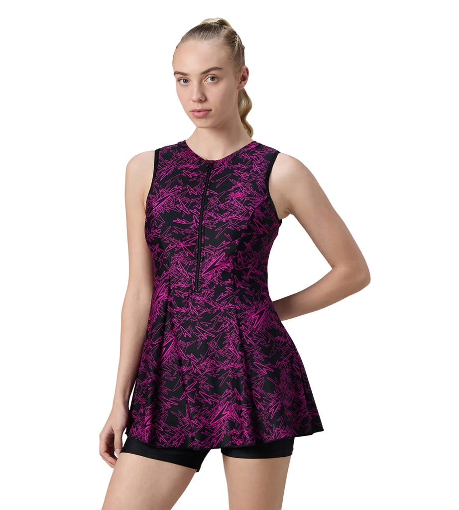 Women's Endurance10 Printed Closedback Swimdress With Boyleg - Black & Electric Pink